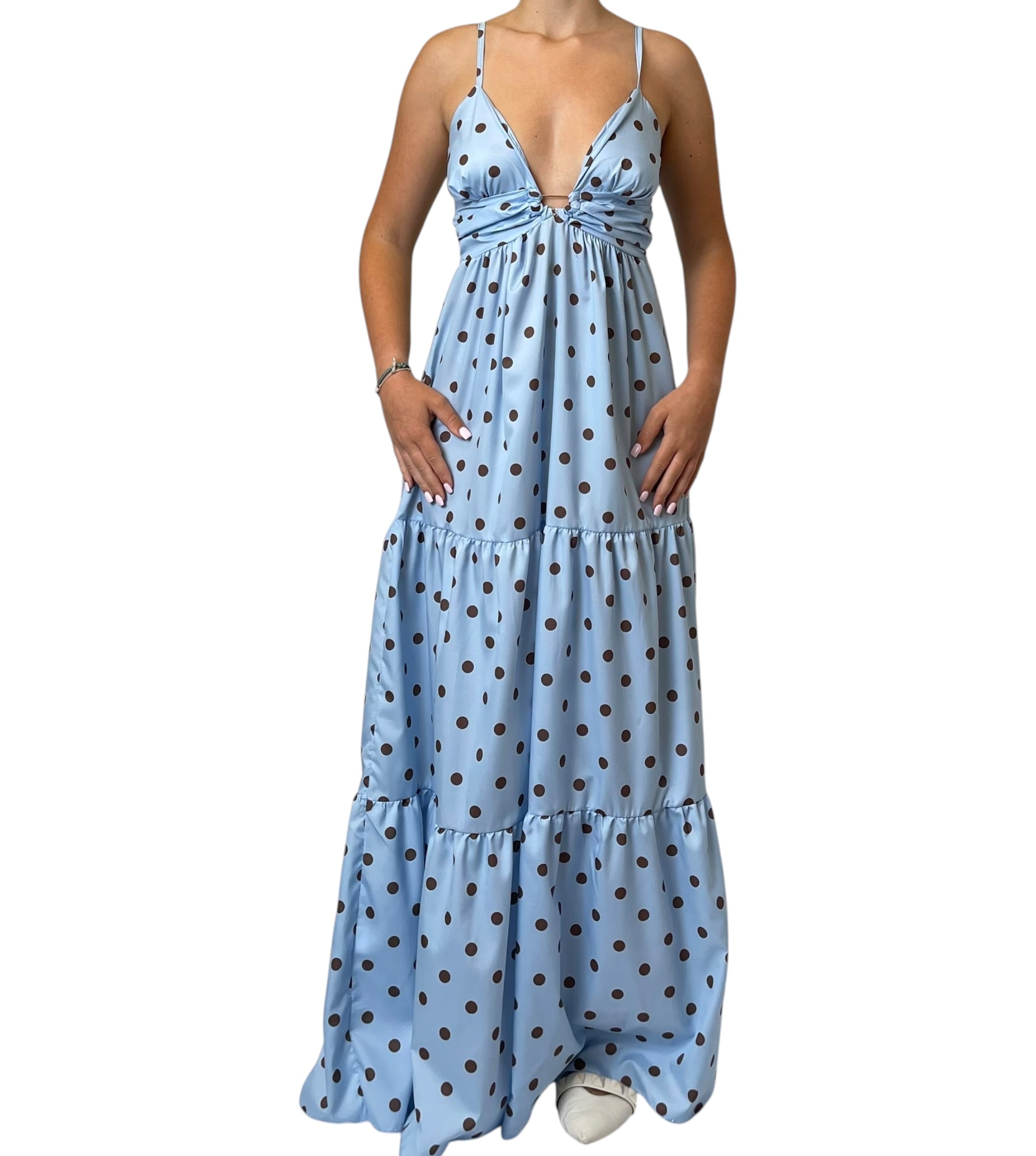 Abito Lungo a Pois con Scollo V e Gonna a Balze Donna  -  6888-2