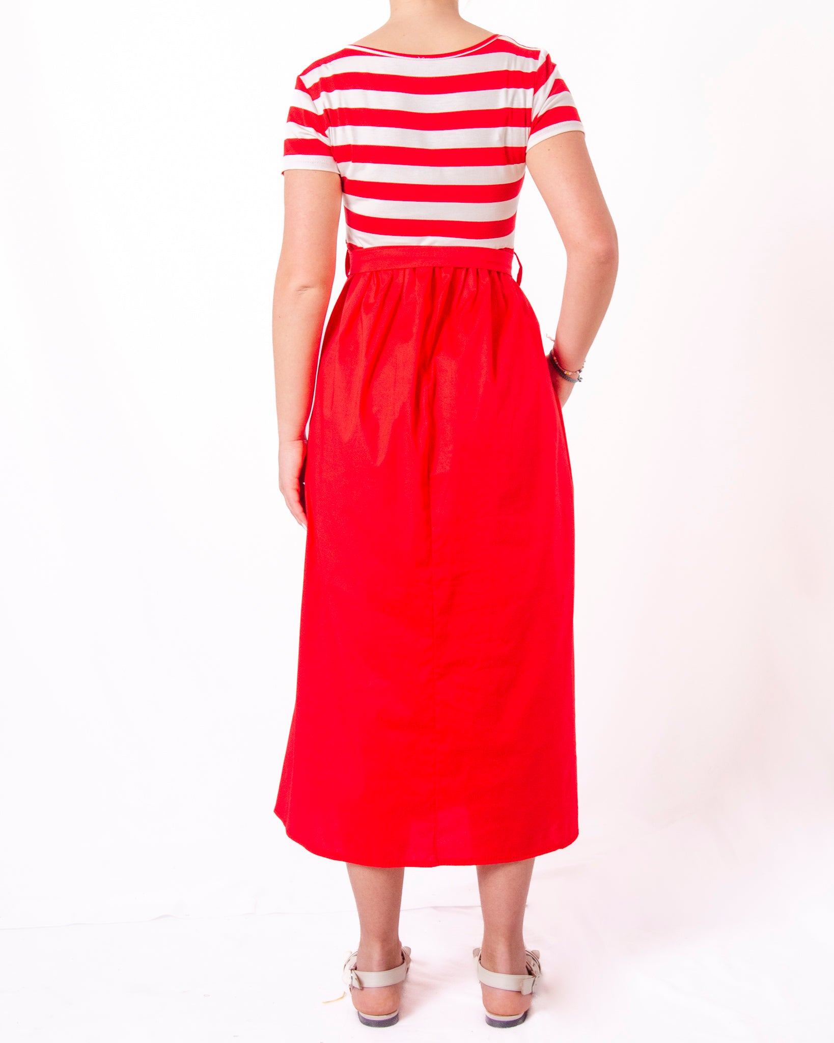 Abito midi a righe con gonna svasata e fiocco in vita Donna  -  8921X