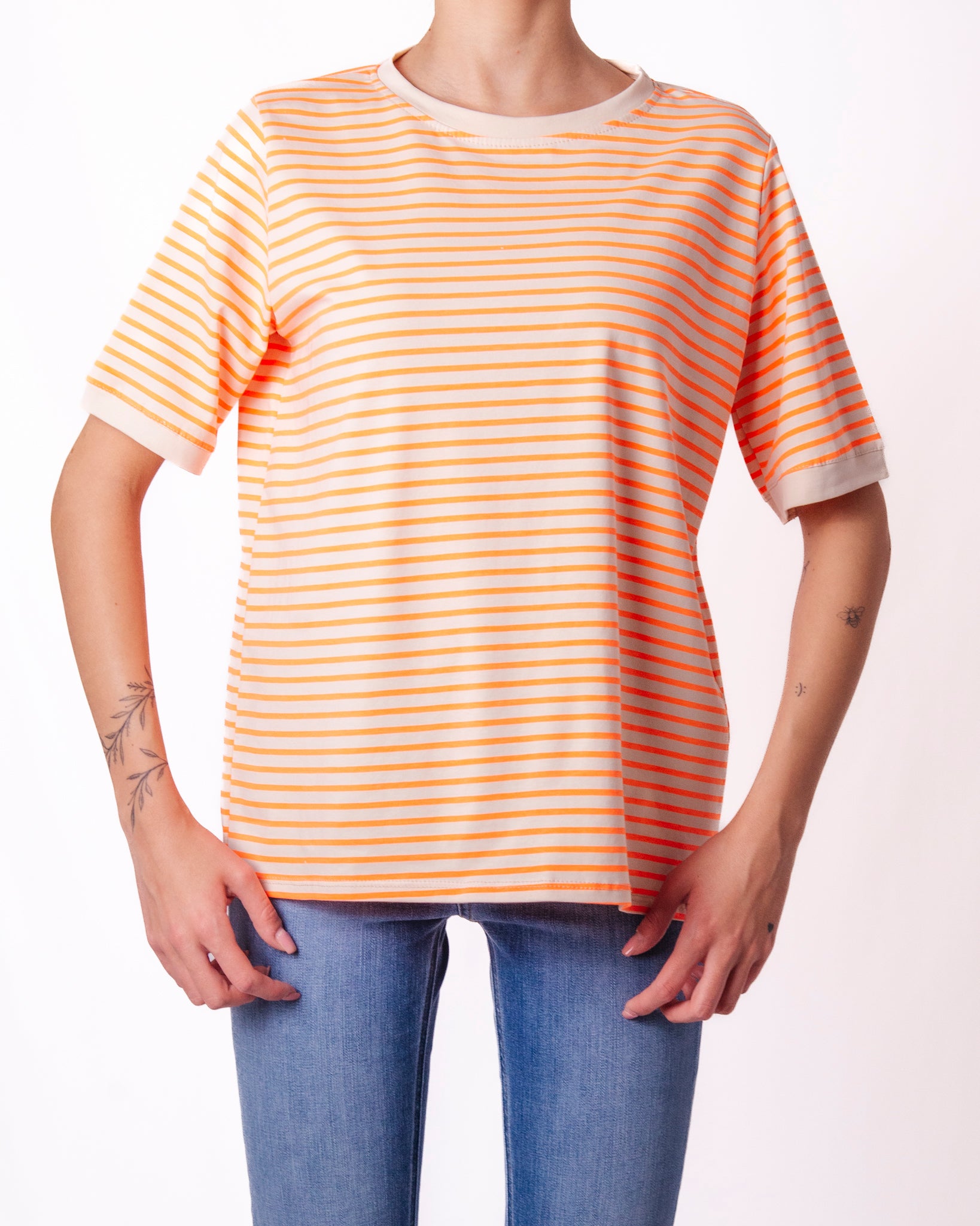 T-shirt a Righe con Manica a Risvolto Donna  -  50609V