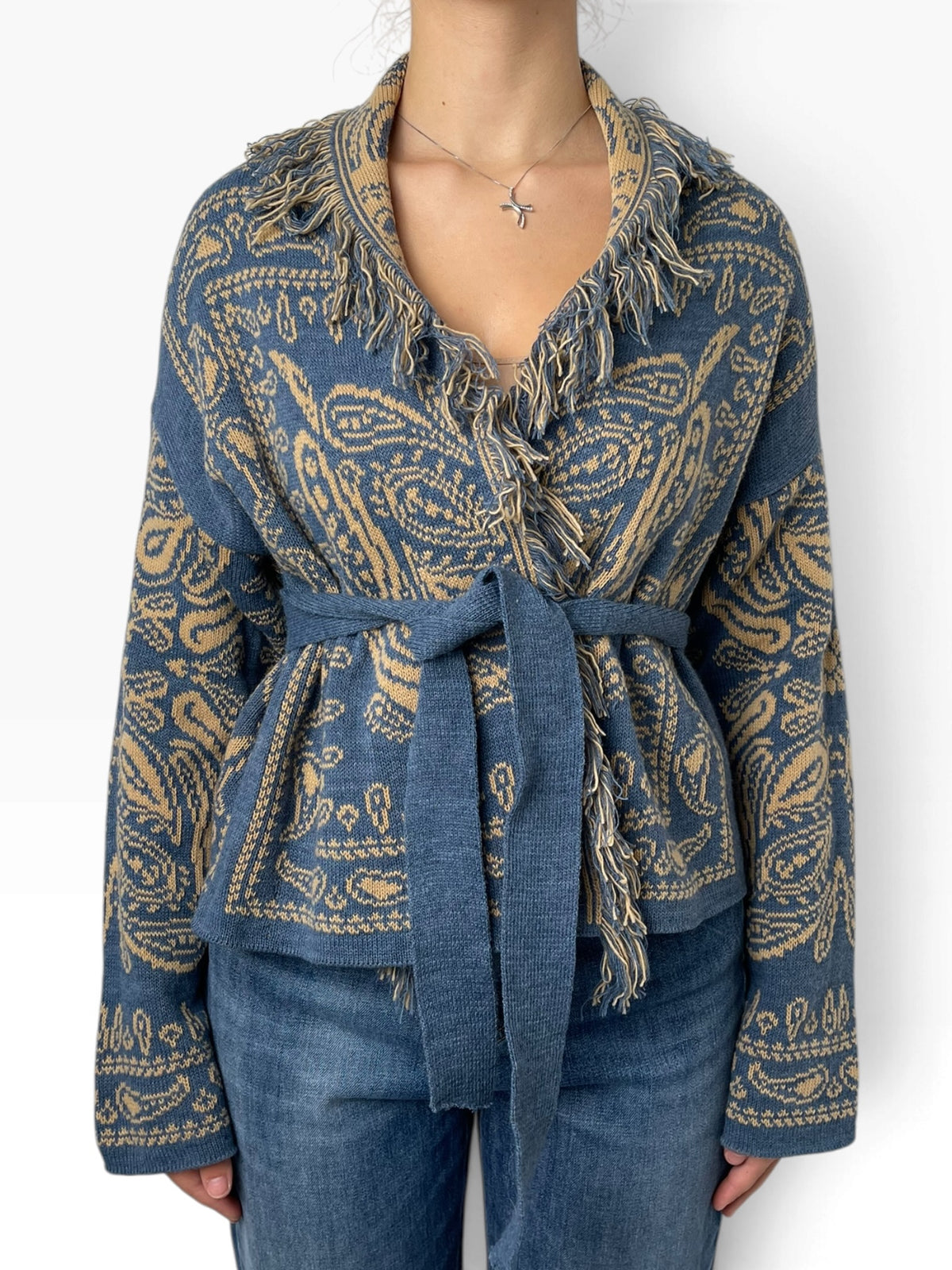 Cardigan jacquard paisley con frange Donna  -  26060KA