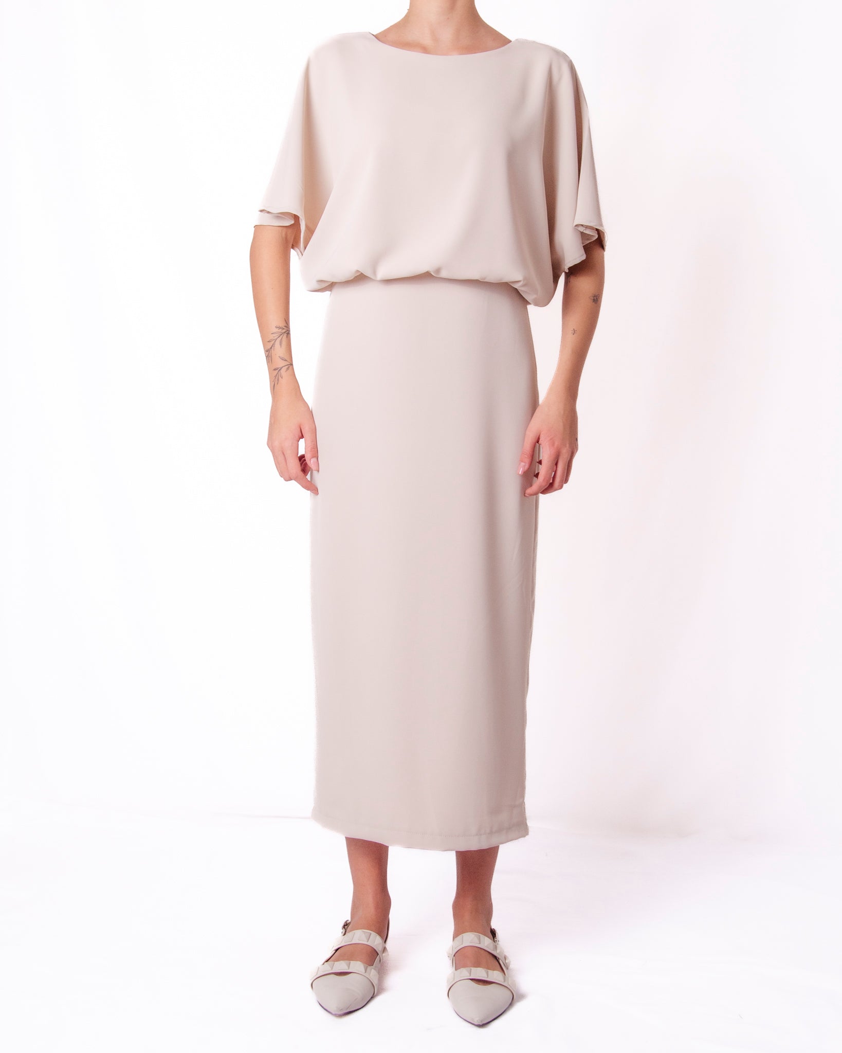 Abito midi scollo a V maniche a pipistrello nodo in vita Donna  -  26213KA