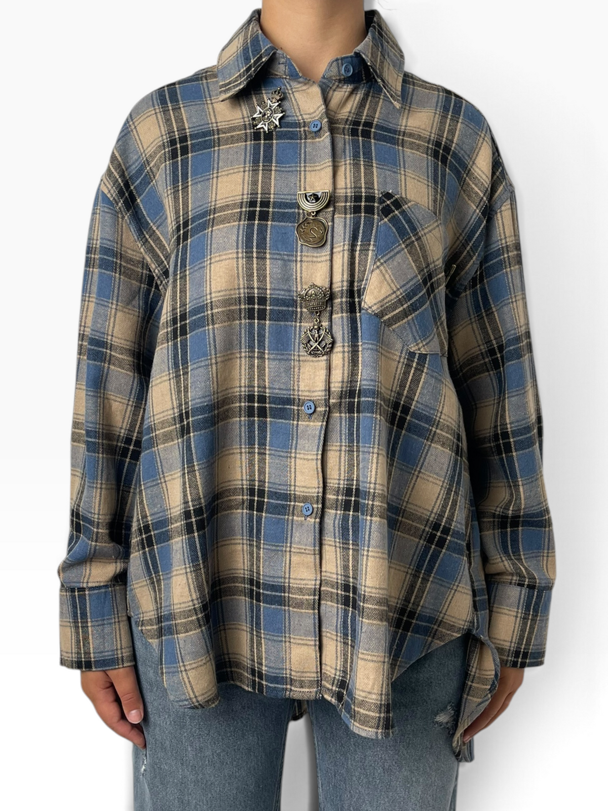 Camicia scozzese oversize con taschino Donna  -  76095X