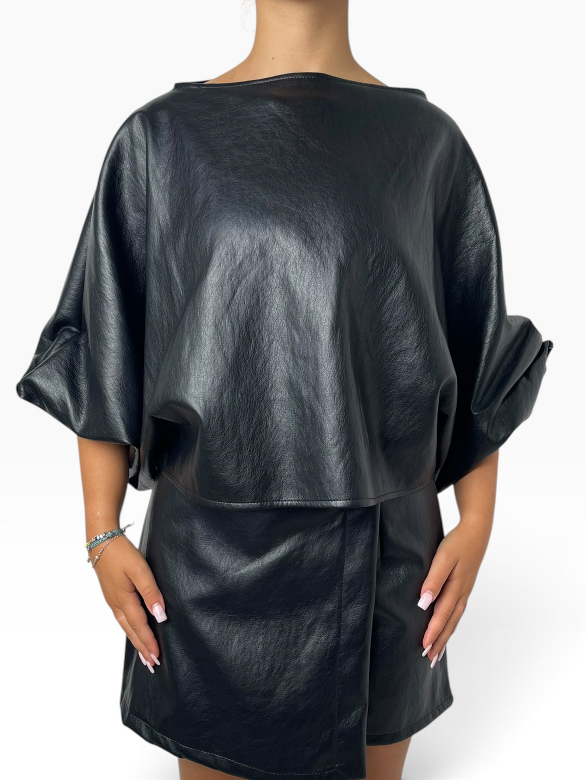 Blusa cropped eco-pelle maniche palloncino Donna  -  28126CI