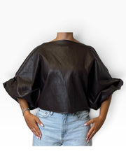 Blusa cropped eco-pelle maniche palloncino Donna  -  28126CI