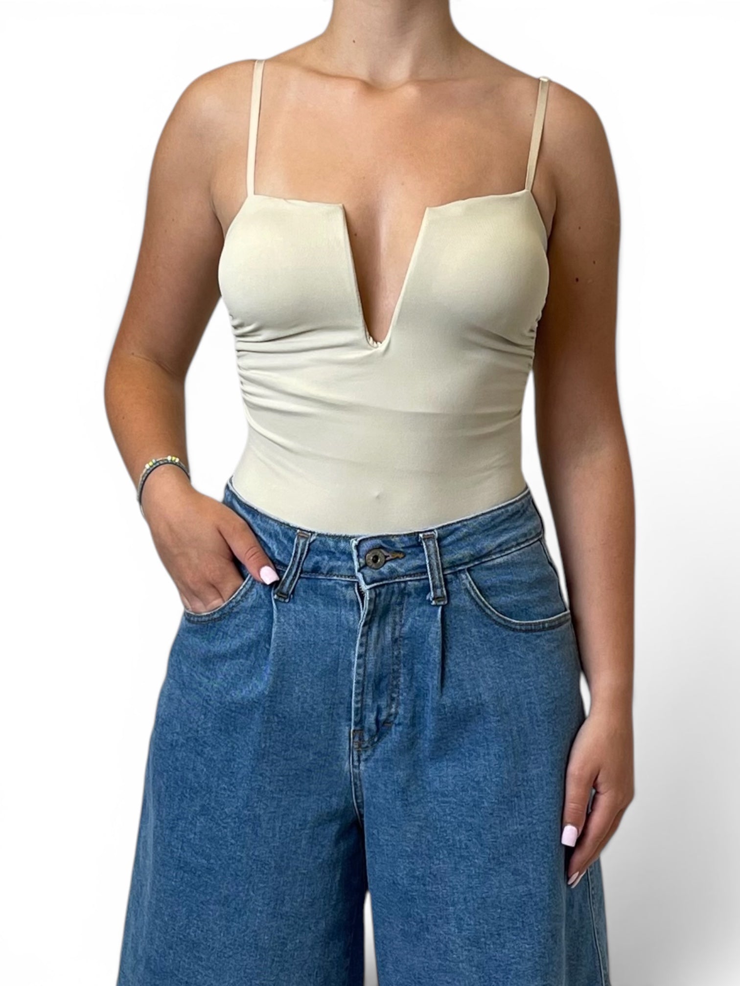 Body Aderente Scollo V Profondo con Spalline Sottili Donna  -  3804BO