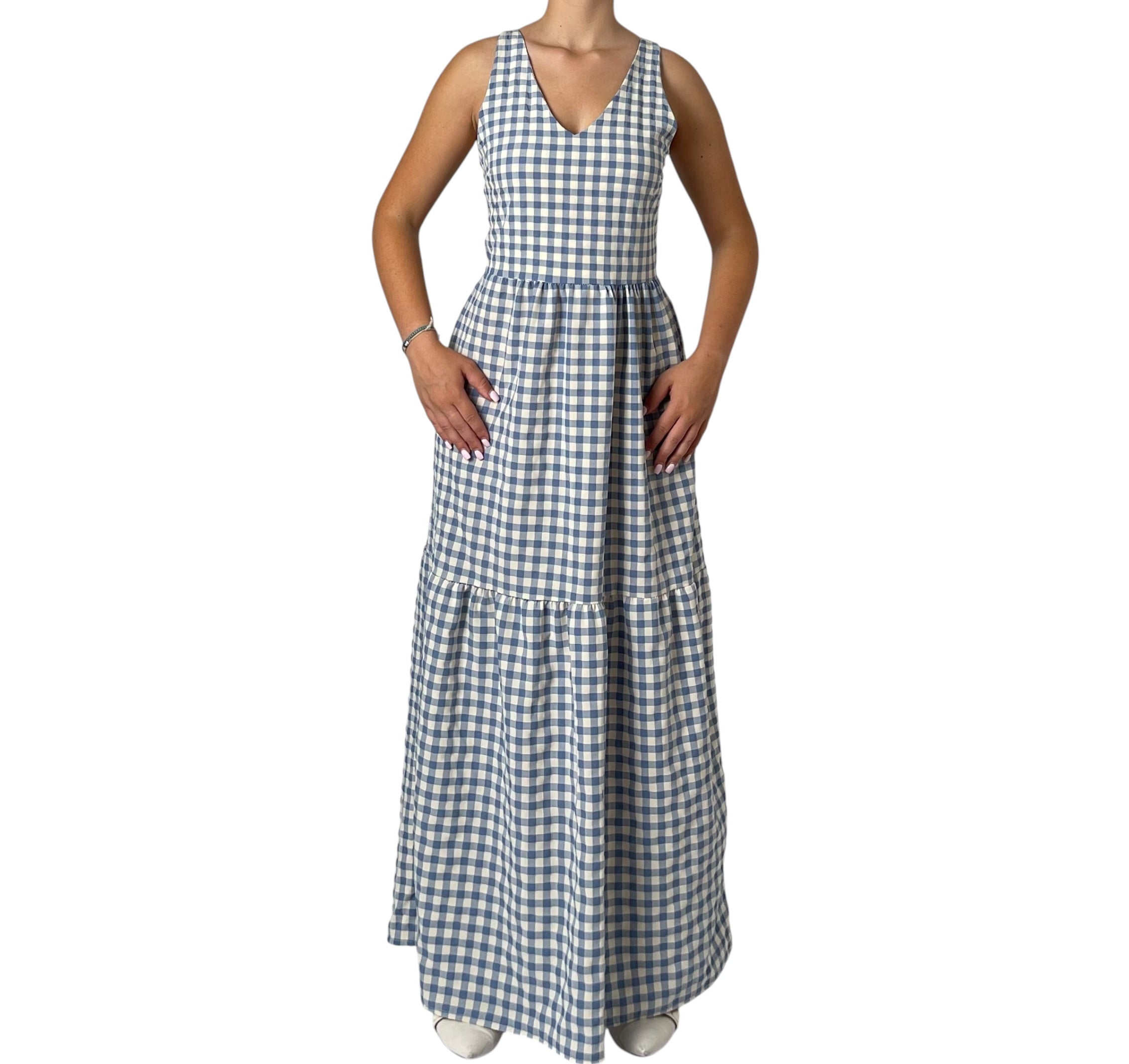 Abito Lungo Gingham con Balze e Scollo a V Donna  -  7203KA