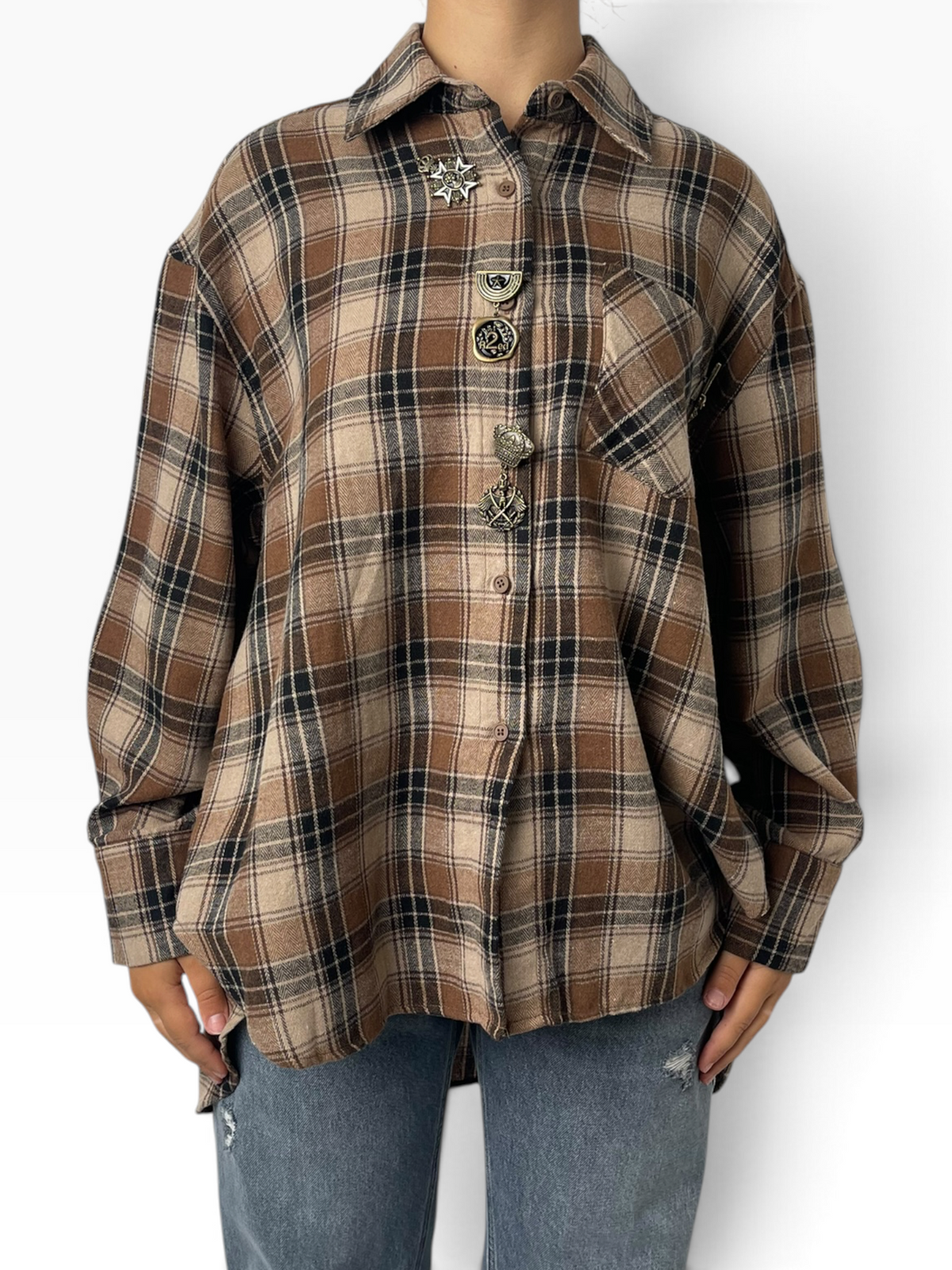 Camicia scozzese oversize con taschino Donna  -  76095X