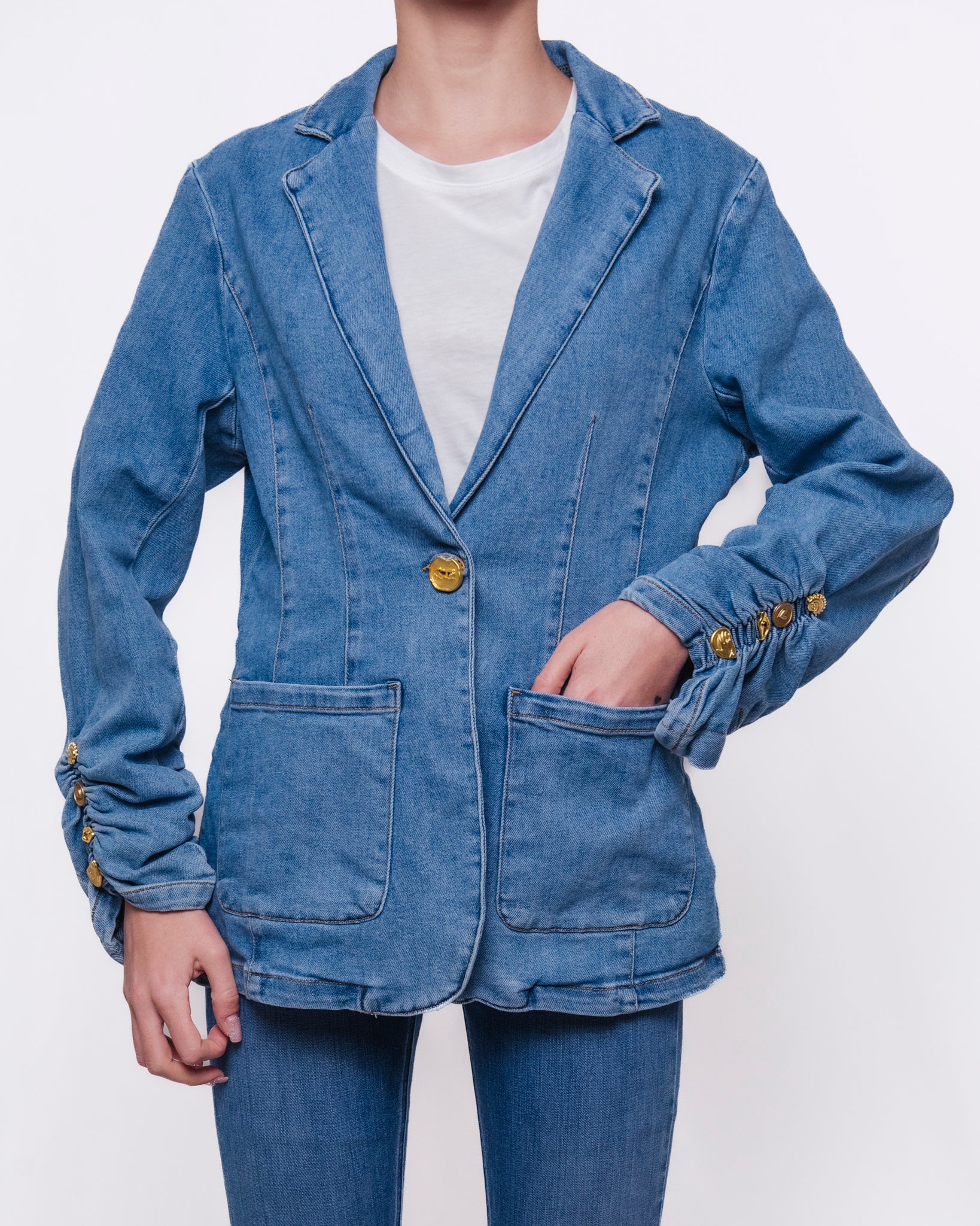 Blazer in Denim con Bottoni Dorati e Tasche Donna  -  YX545