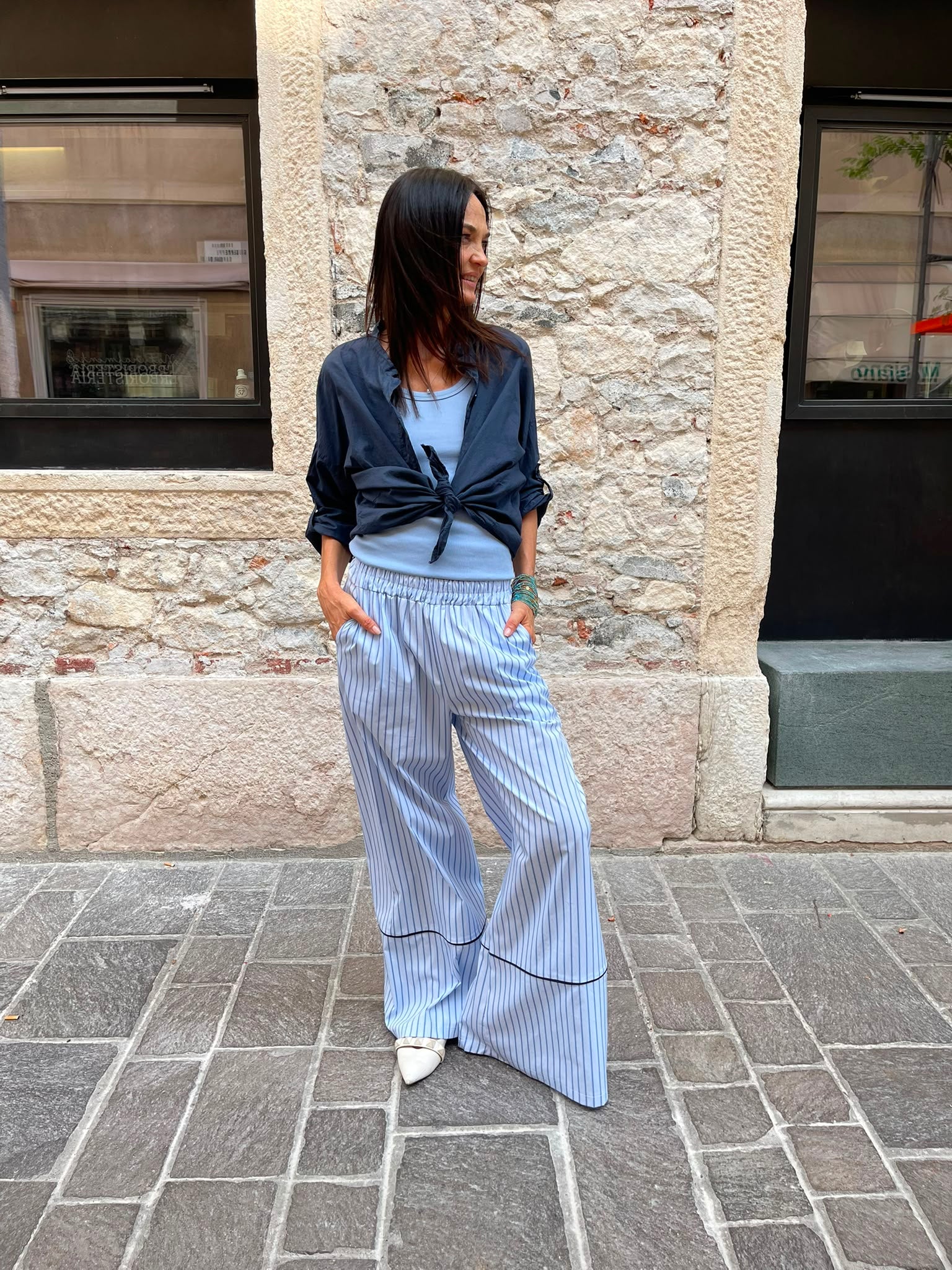 Pantalone a Palazzo a Righe con Vita Elastica Donna  -  26154