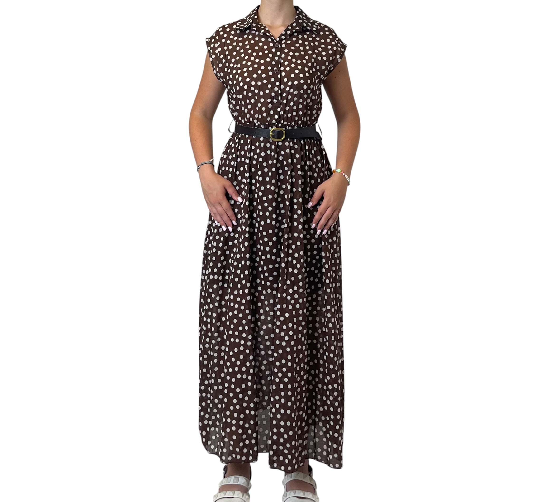 Abito Lungo a Pois con Colletto e Scollo a V Donna  -  15530EC