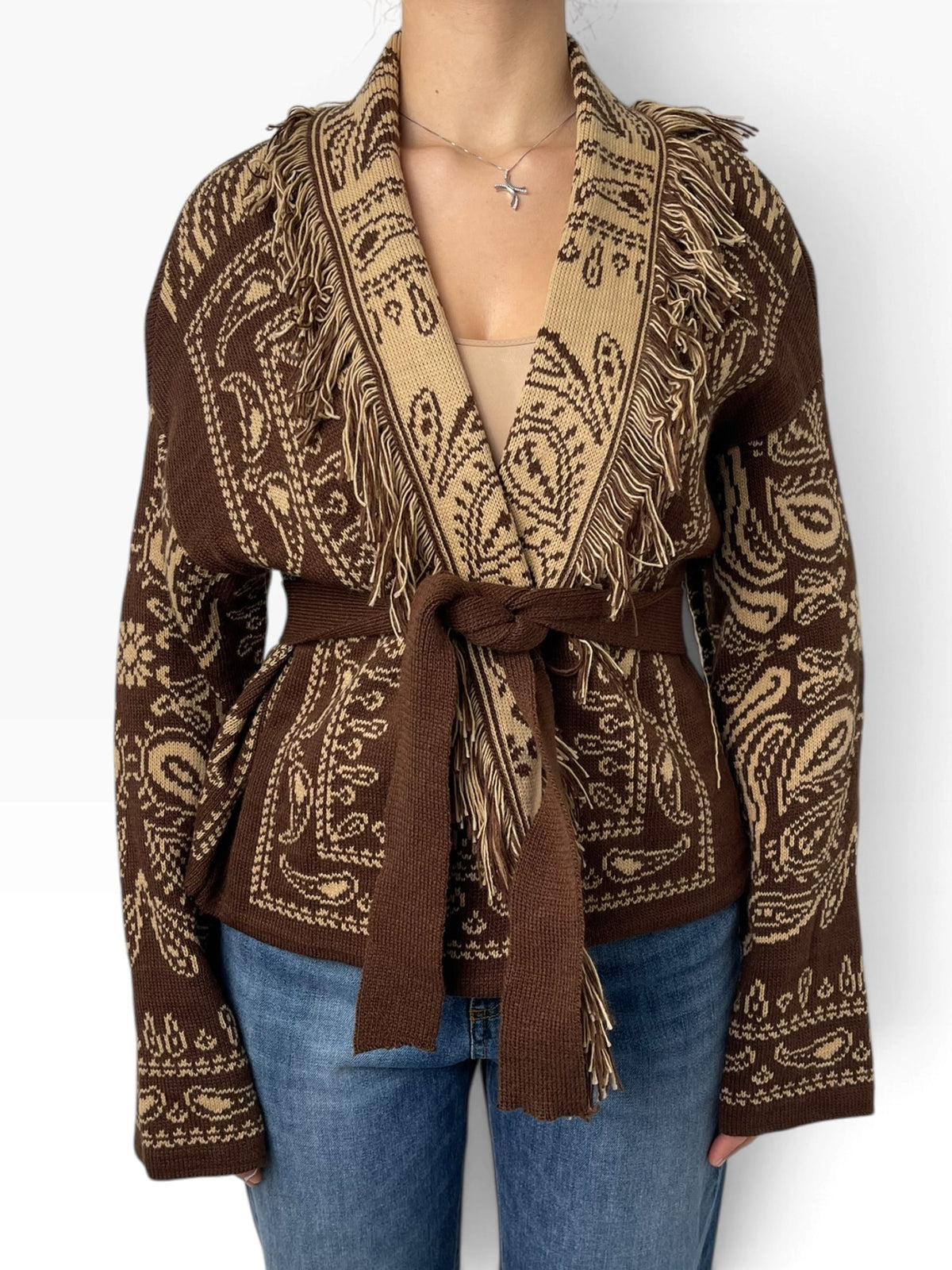Cardigan jacquard paisley con frange Donna  -  26060KA