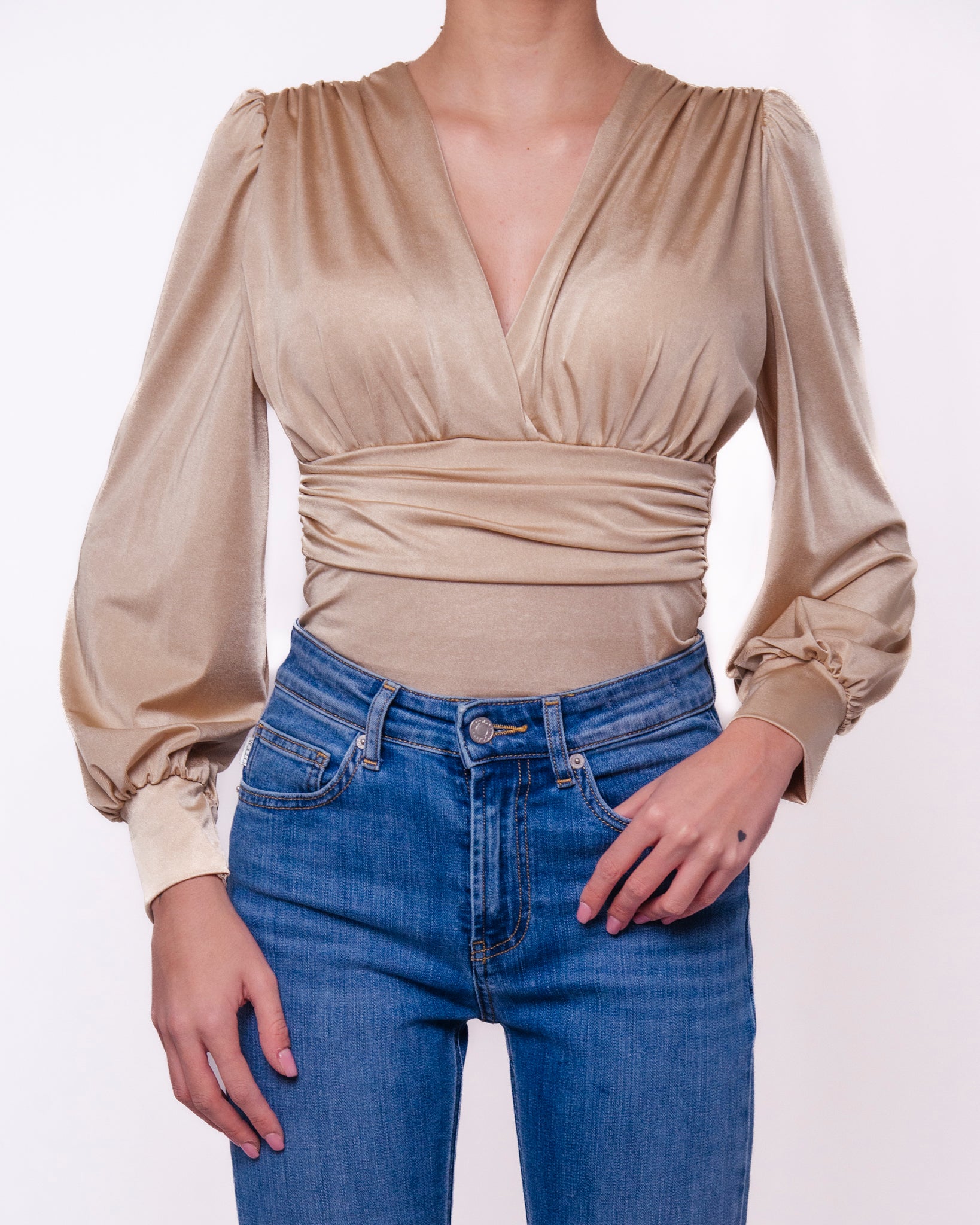 Body Scollo V con Maniche a Sbuffo e Fascia in Vita Donna  -  5117BO