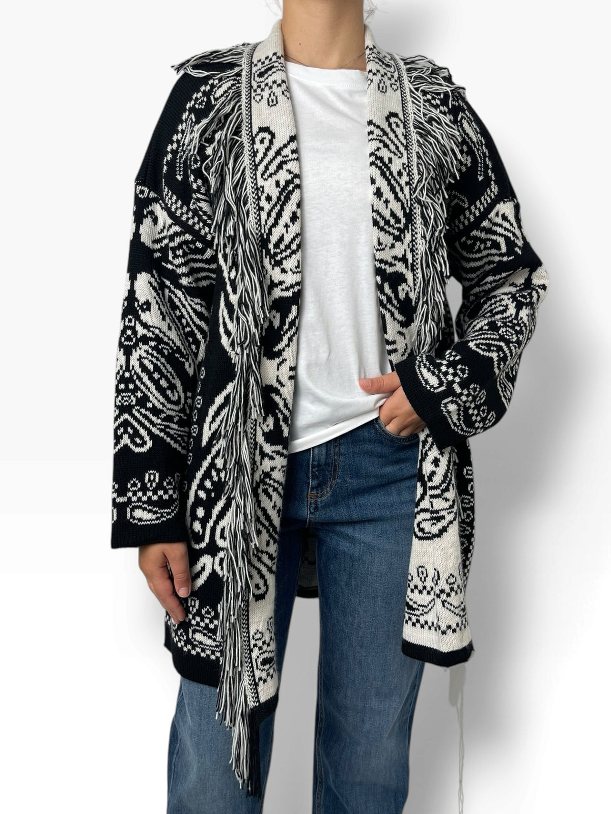 Cardigan lungo jacquard con frange Donna  -  70160X