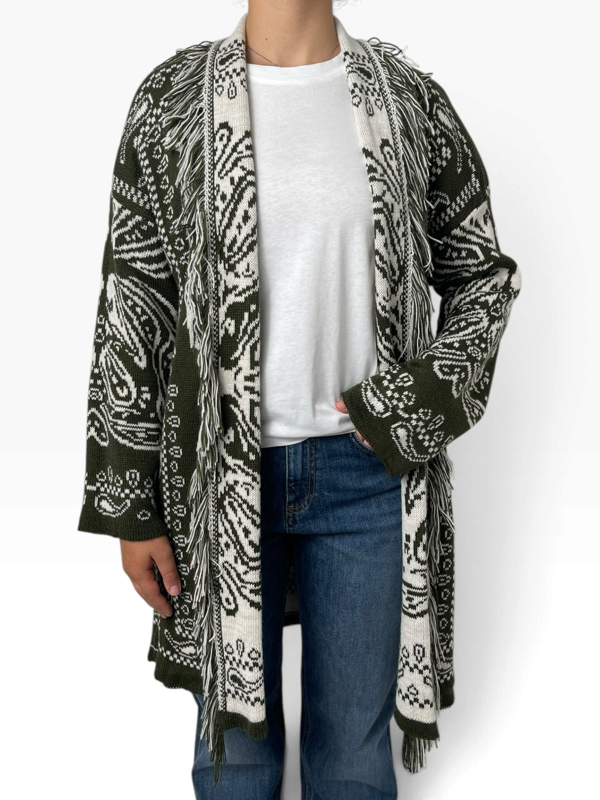 Cardigan lungo jacquard con frange Donna  -  70160X