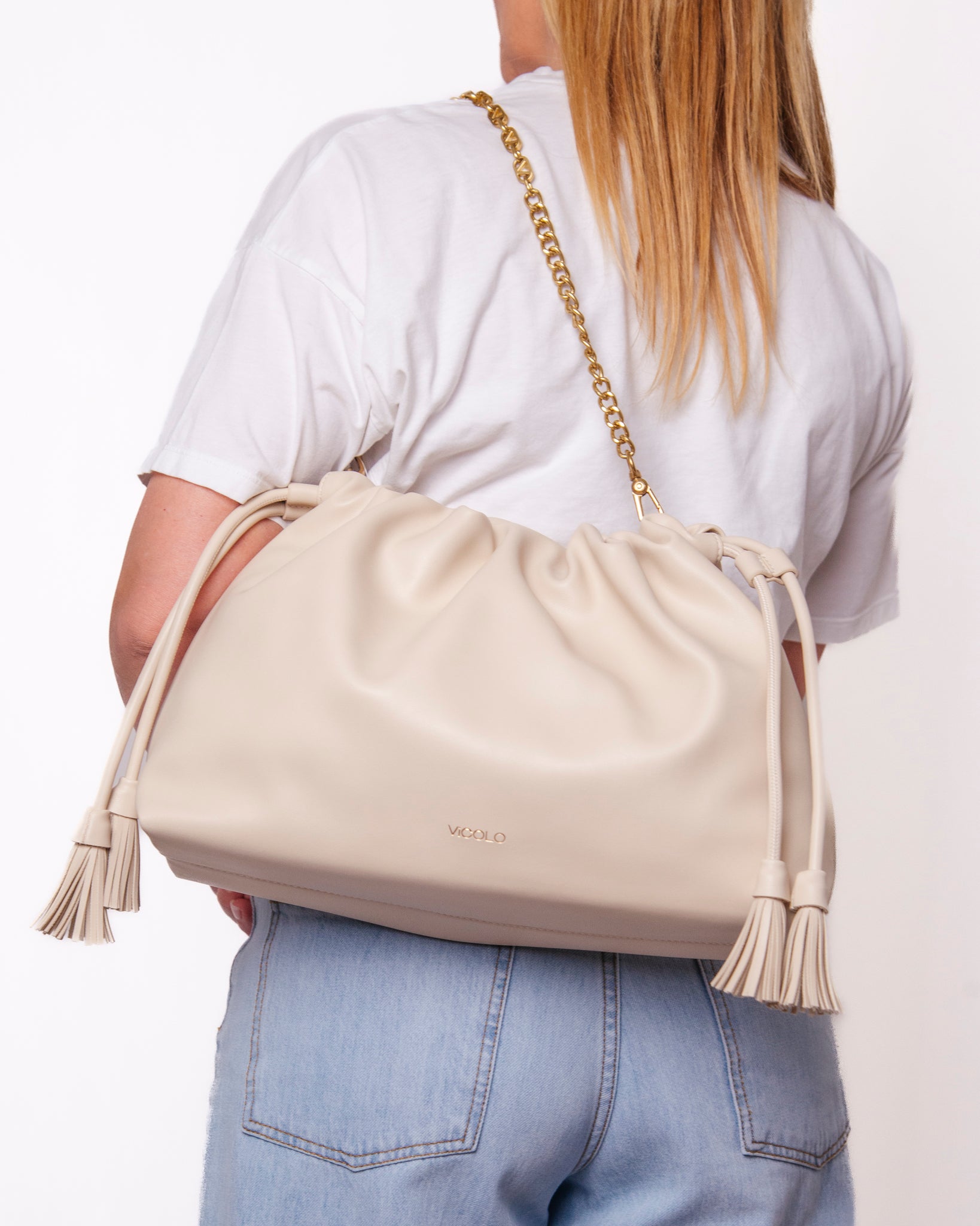 Borsa Hobo in Ecopelle con Catena Dorata e Nappine Donna  -  XAB0034