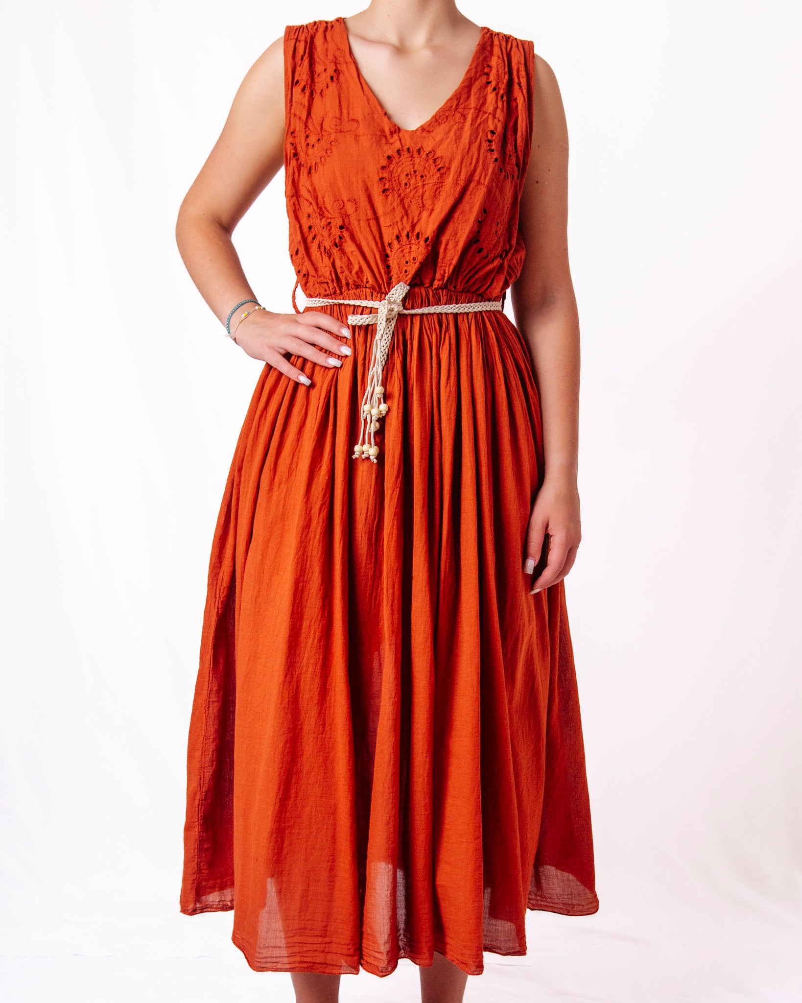 Abito Midi Sangallo Cintura Intrecciata Donna  -  62072CL