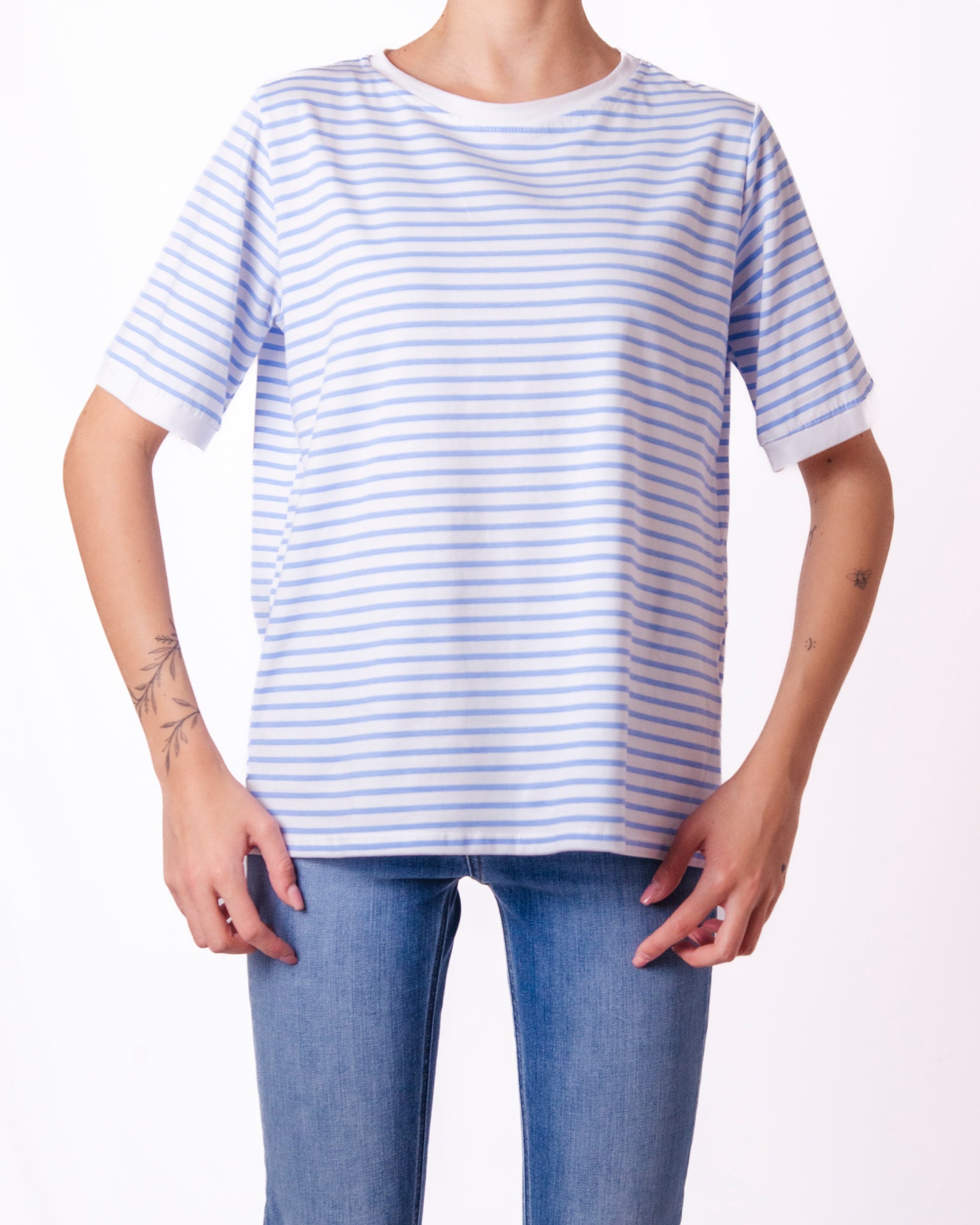 T-shirt a Righe con Manica a Risvolto Donna  -  50609V