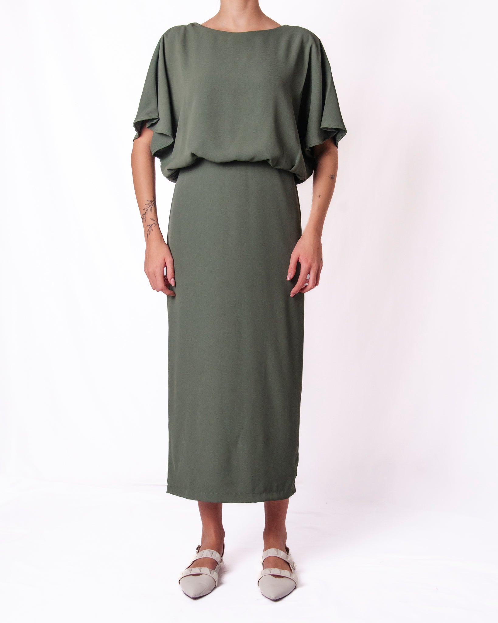 Abito midi scollo a V maniche a pipistrello nodo in vita Donna  -  26213KA