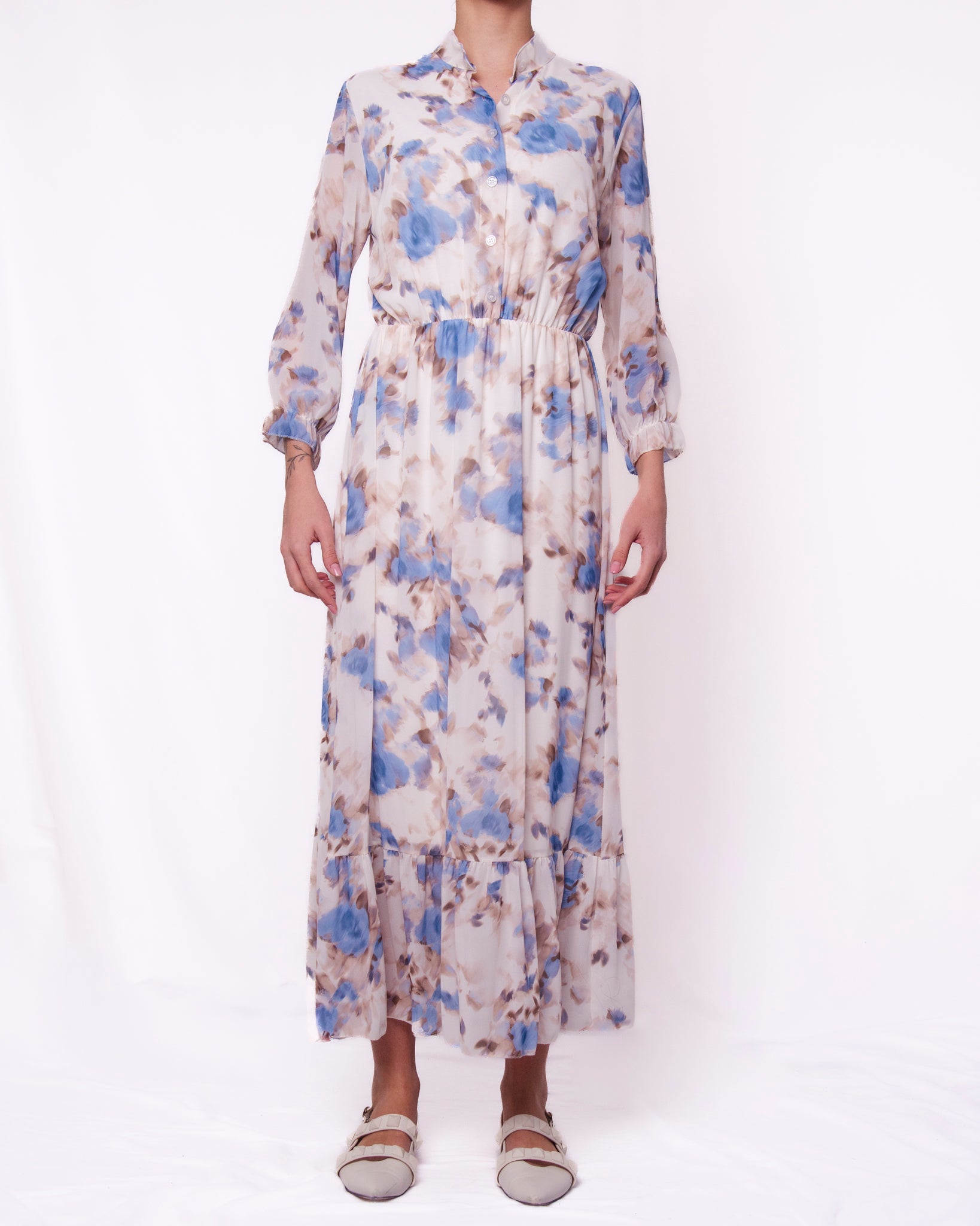 Abito lungo chiffon stampa floreale sfumata volant Donna  -  11111-128BO