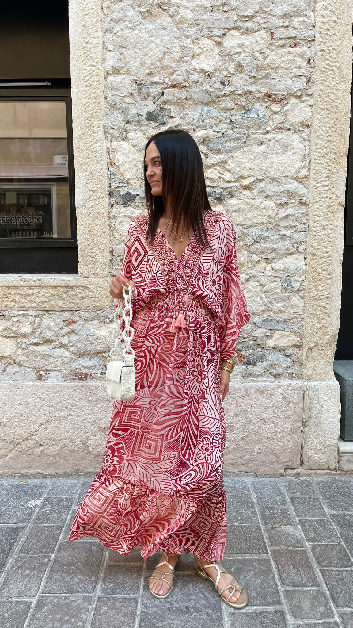 Abito Lungo con Stampa Etnica e Nappine Donna  -  26175UP
