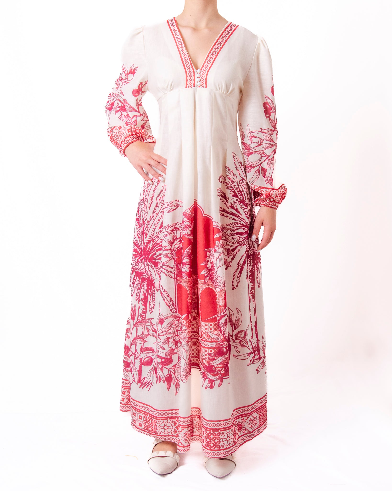 Abito Lungo con Stampa Toile de Jouy e Maniche a Palloncino Donna  -  26022