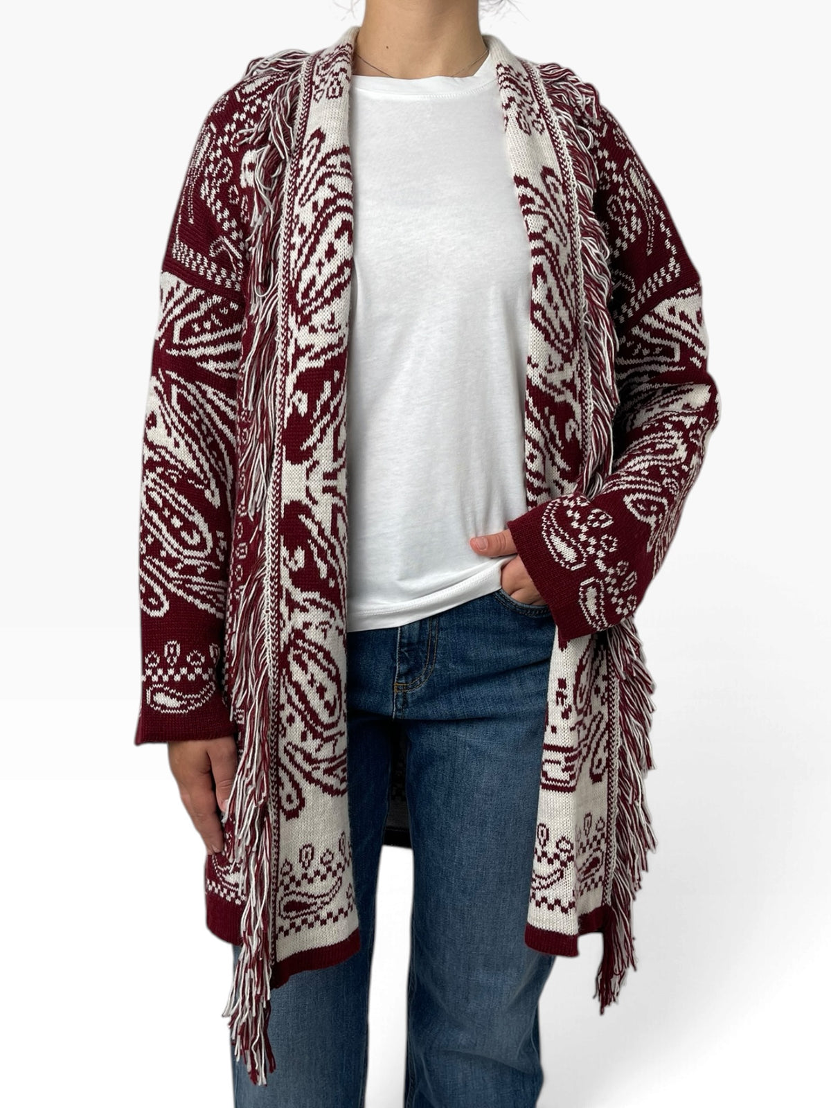 Cardigan lungo jacquard con frange Donna  -  70160X