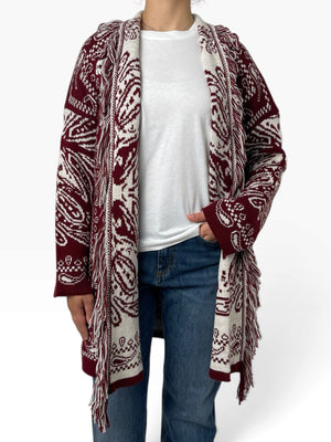 Cardigan lungo jacquard con frange Donna  -  70160X