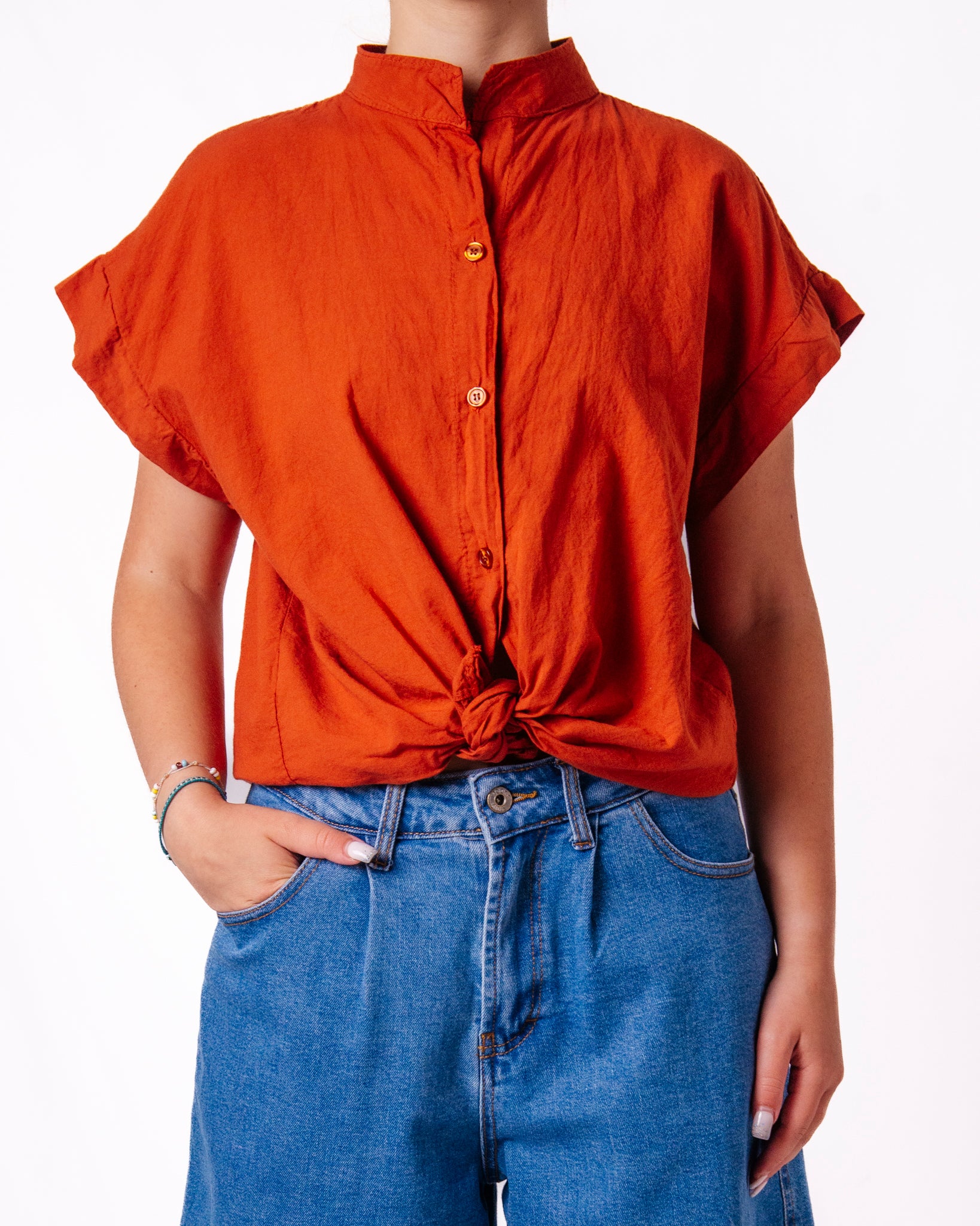 Blusa Lino Manica Corta Nodo Donna  -  61332CL