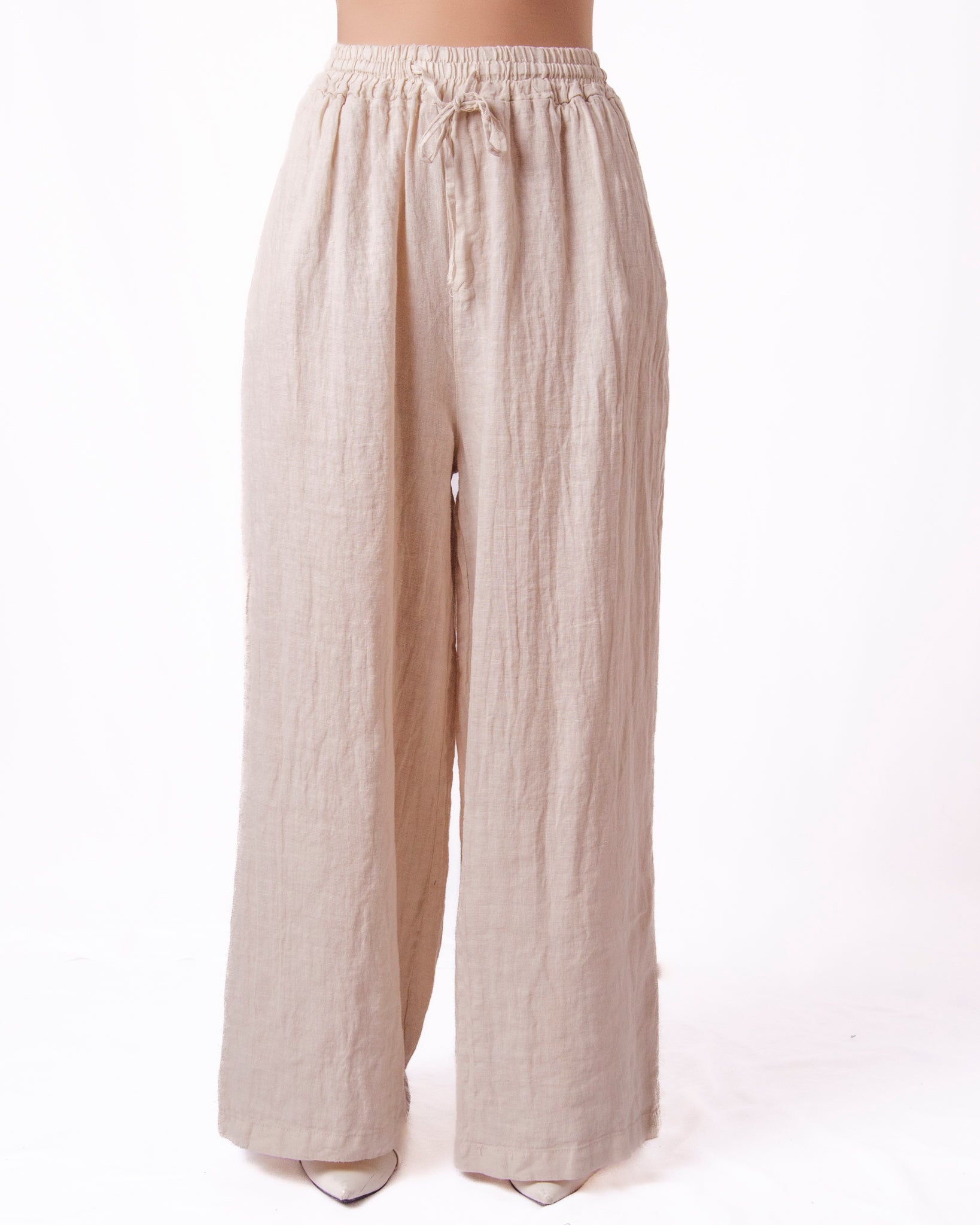 Pantaloni wide leg in lino elastico in vita Donna  -  069UP