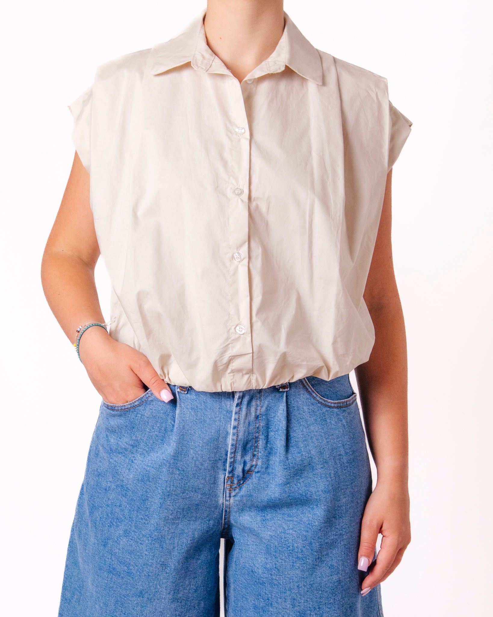 Camicia Smanicata Crop con Elastico Donna  -  66056X