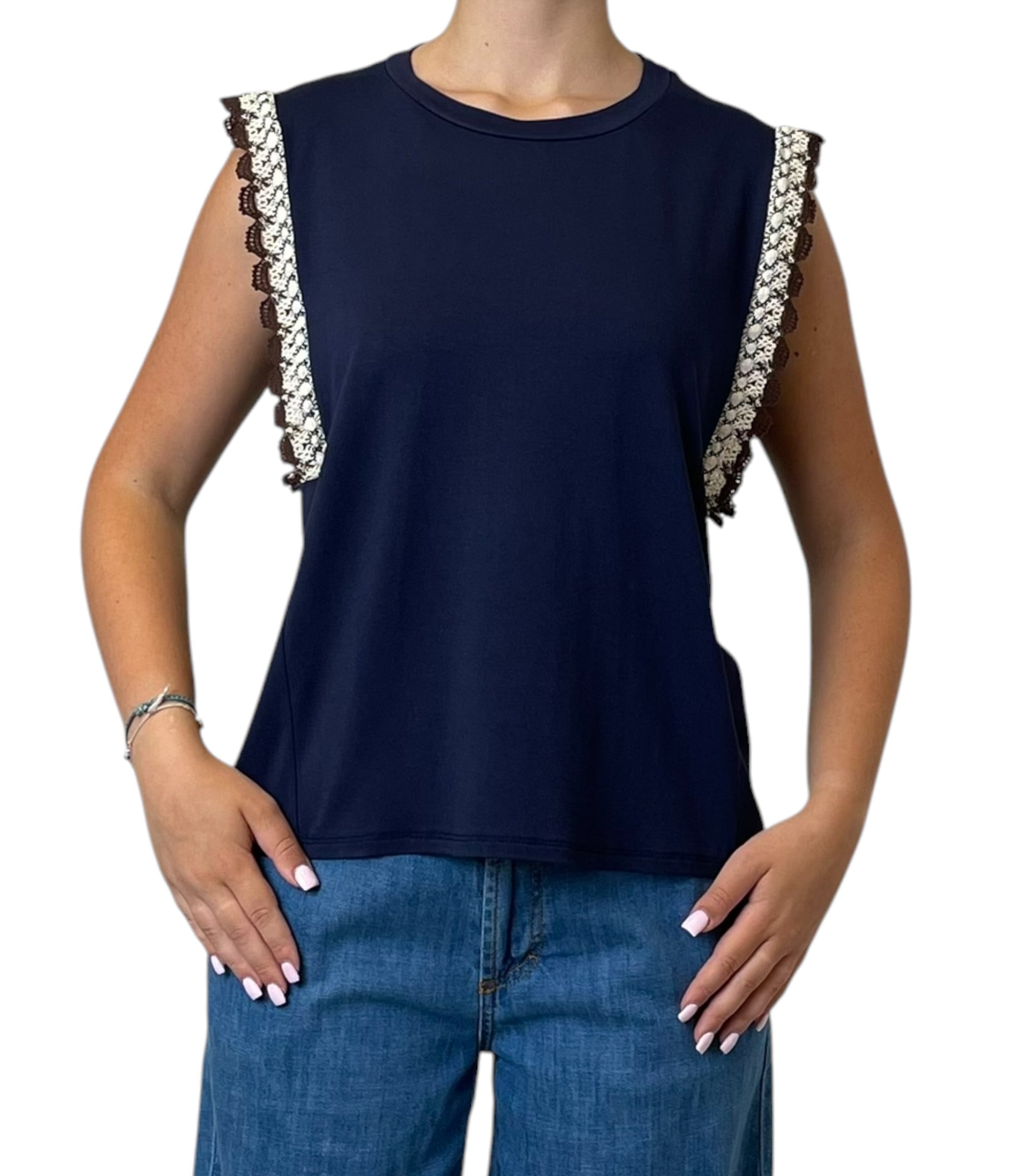 T-shirt Smanicata con Inserto Pizzo Donna  -  56241X