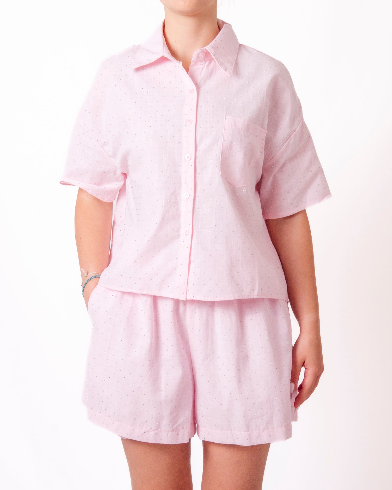 Coordinato camicia e shorts in tessuto glitter puntinato Donna  -  12535YK