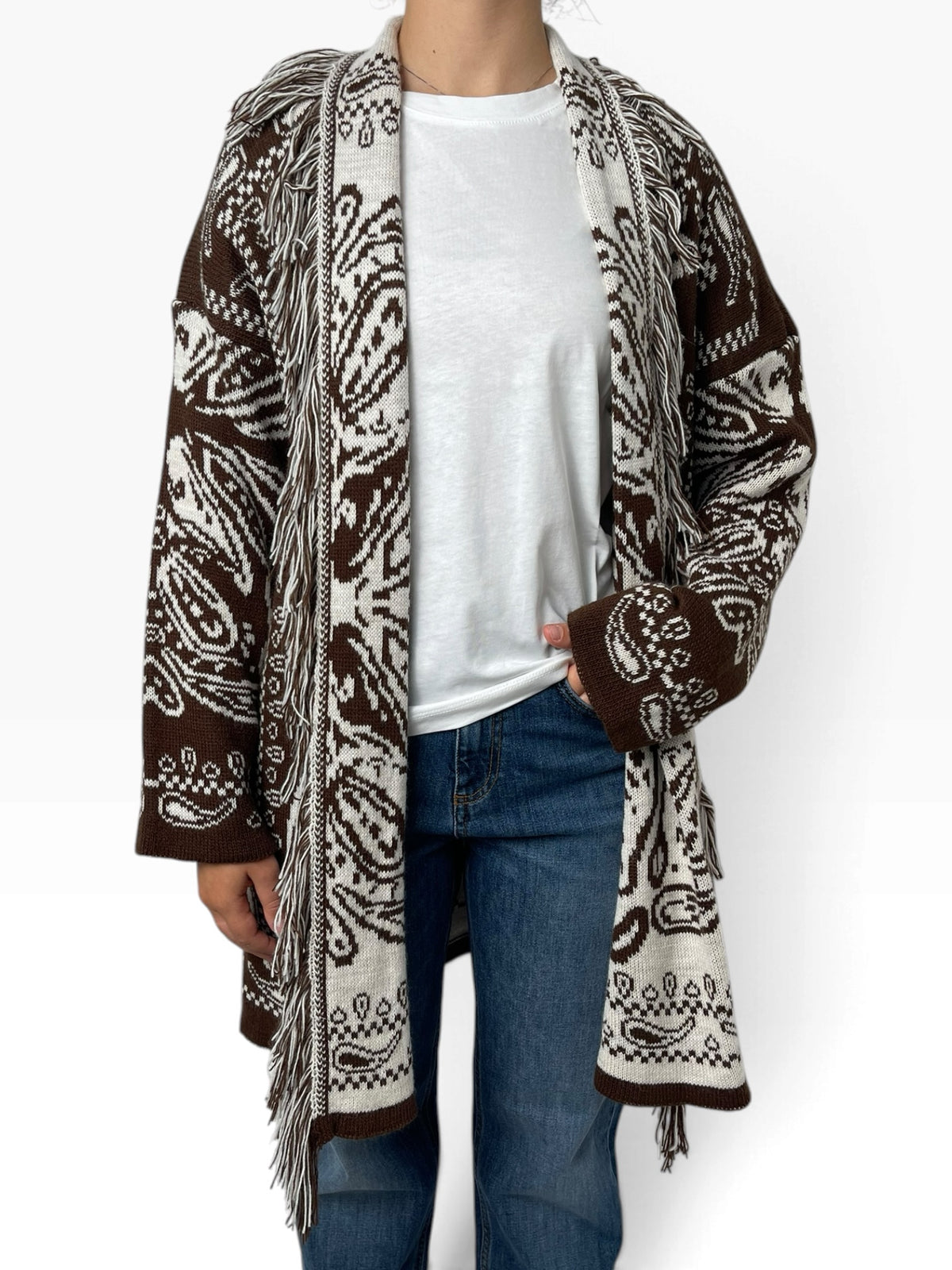 Cardigan lungo jacquard con frange Donna  -  70160X