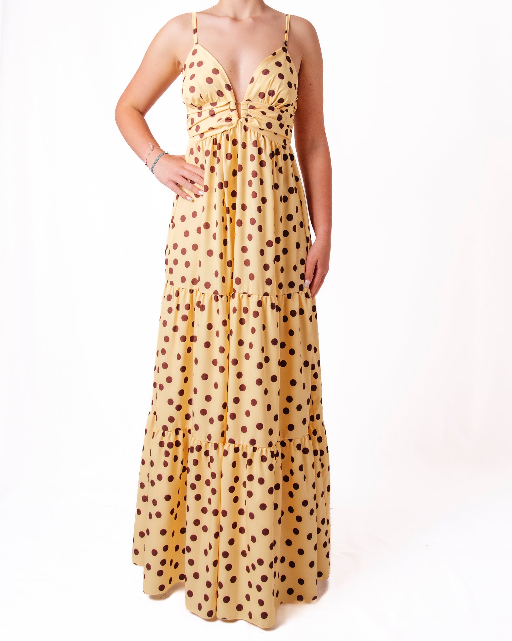 Abito Lungo a Pois con Scollo V e Gonna a Balze Donna  -  6888-2