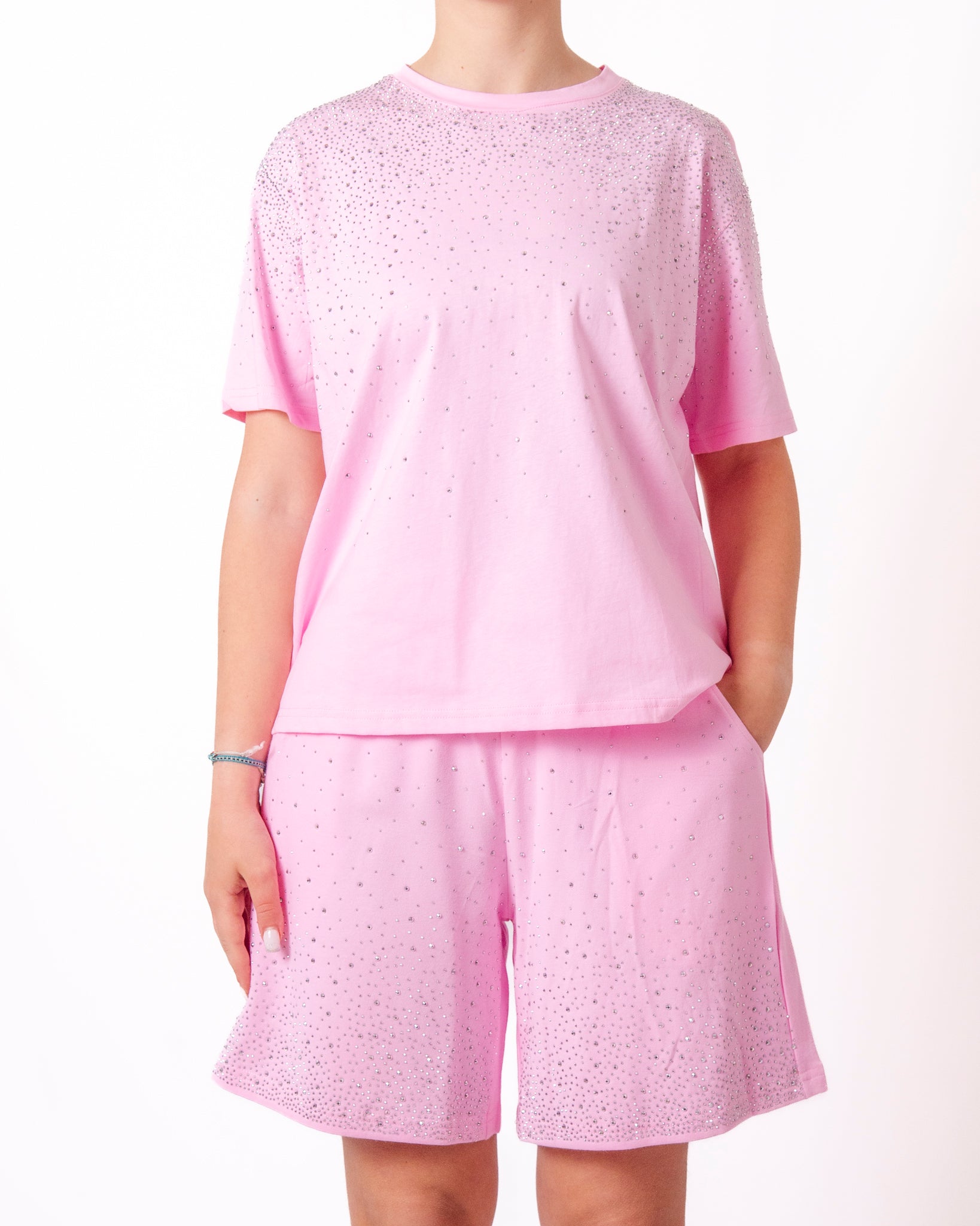 Coordinato t-shirt e shorts con strass applicati Donna  -  7848V