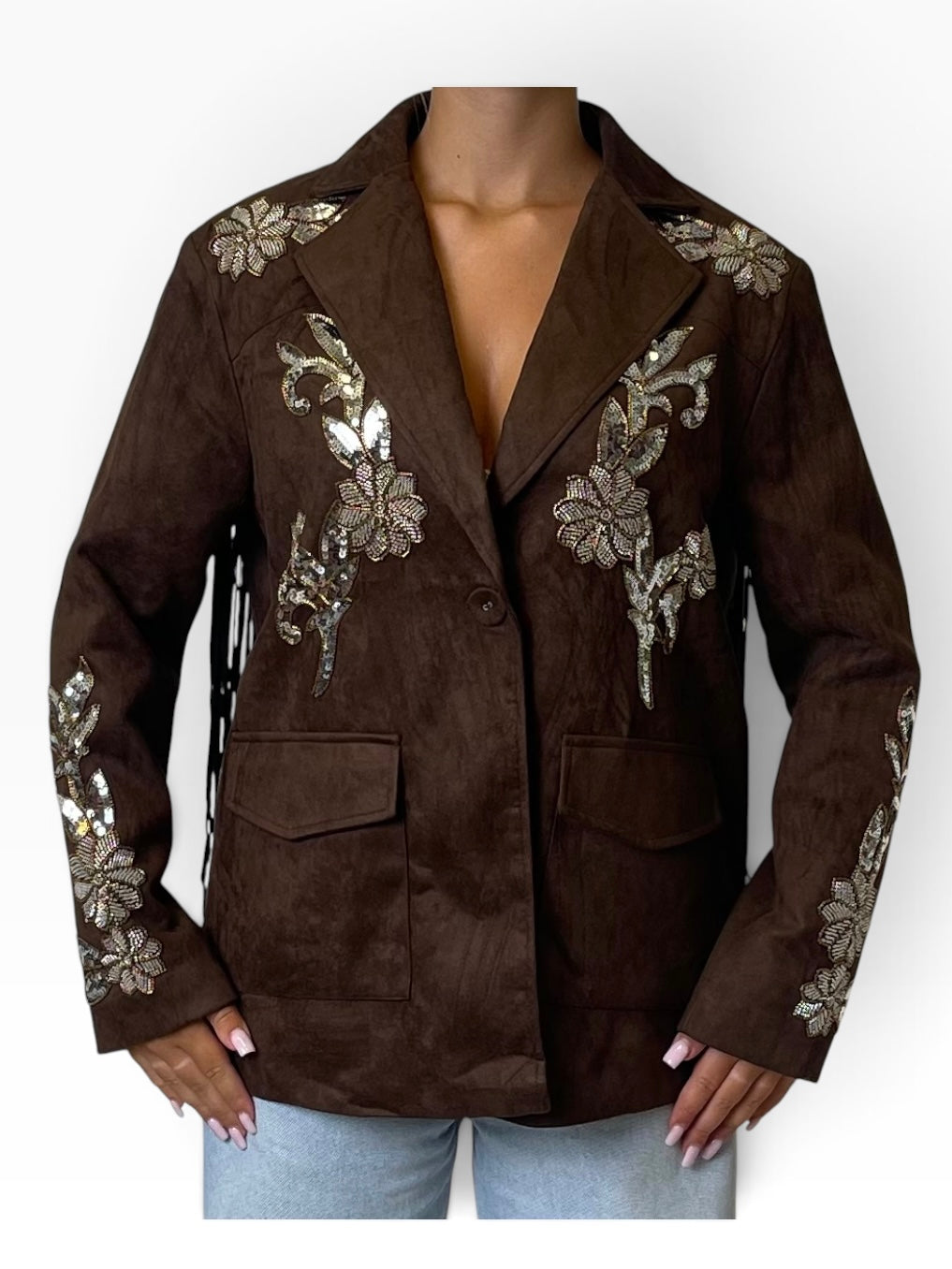 Giacca scamosciata ricami paillettes frange Donna  -  23389CI