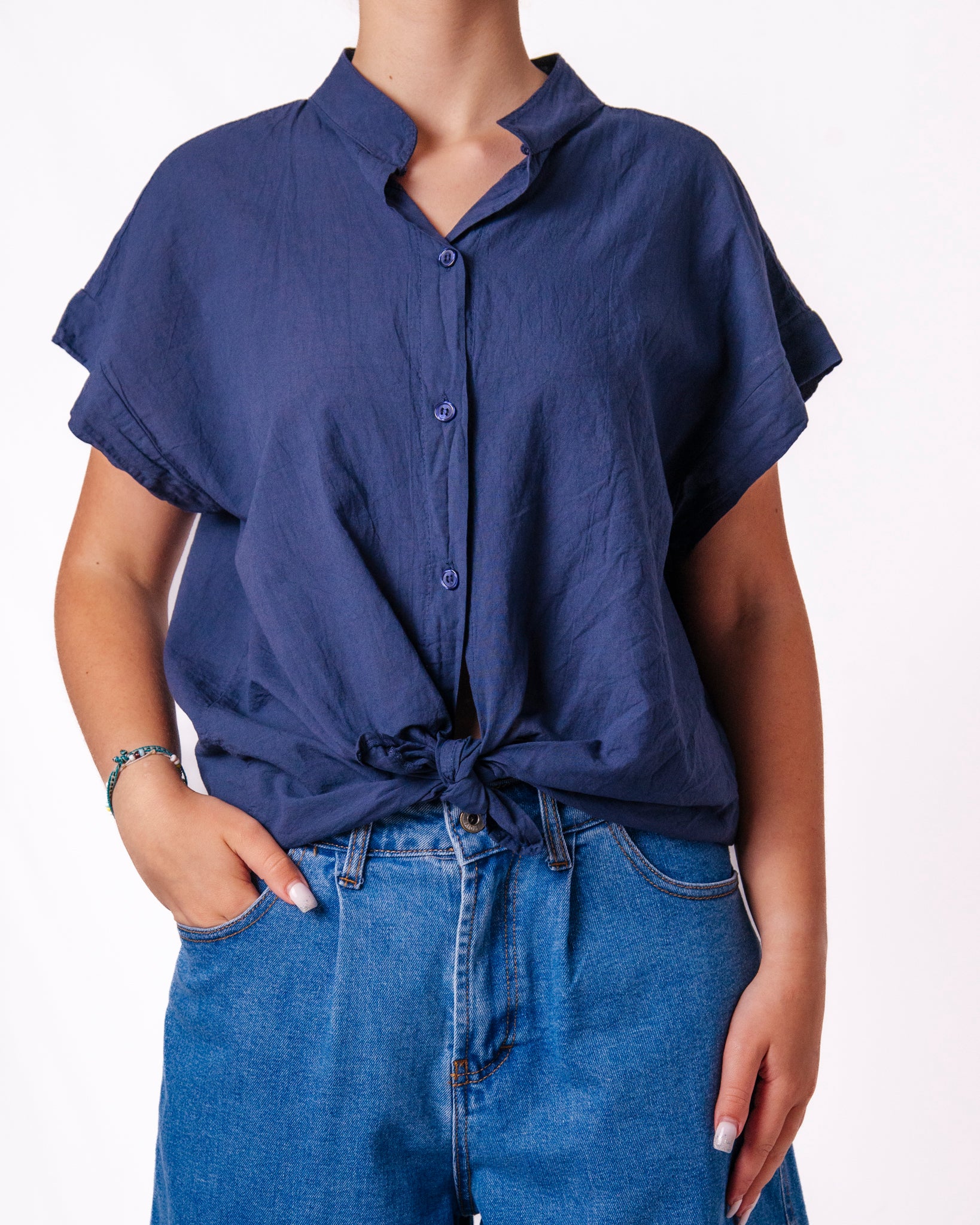 Blusa Lino Manica Corta Nodo Donna  -  61332CL
