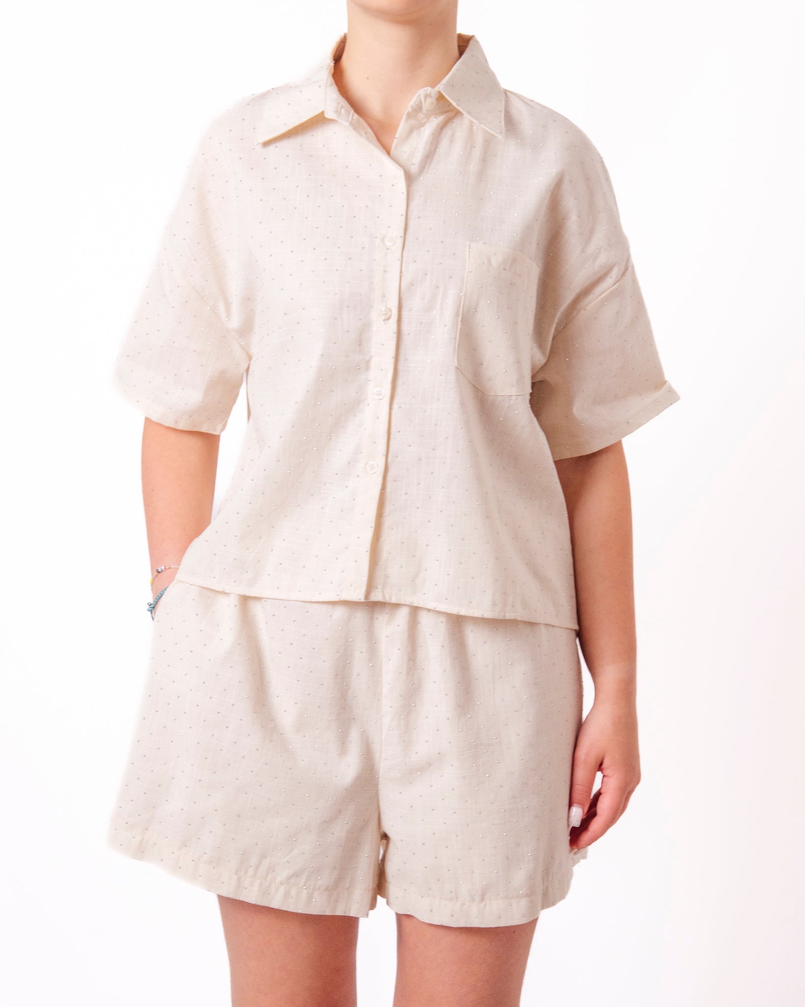 Coordinato camicia e shorts in tessuto glitter puntinato Donna  -  12535YK