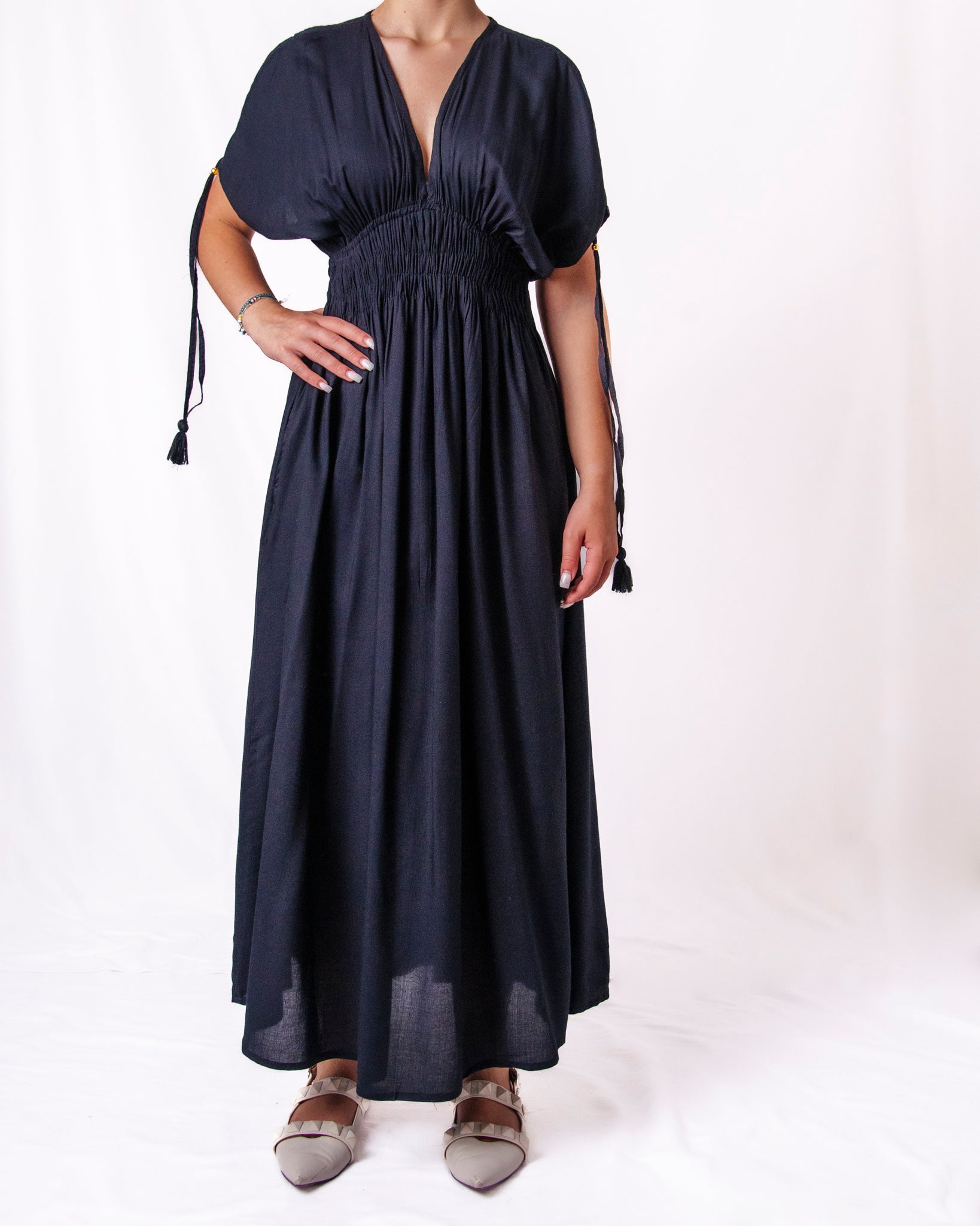 Abito Lungo Stile Kaftan con Vita Smock e Nappine Donna  -  168UP