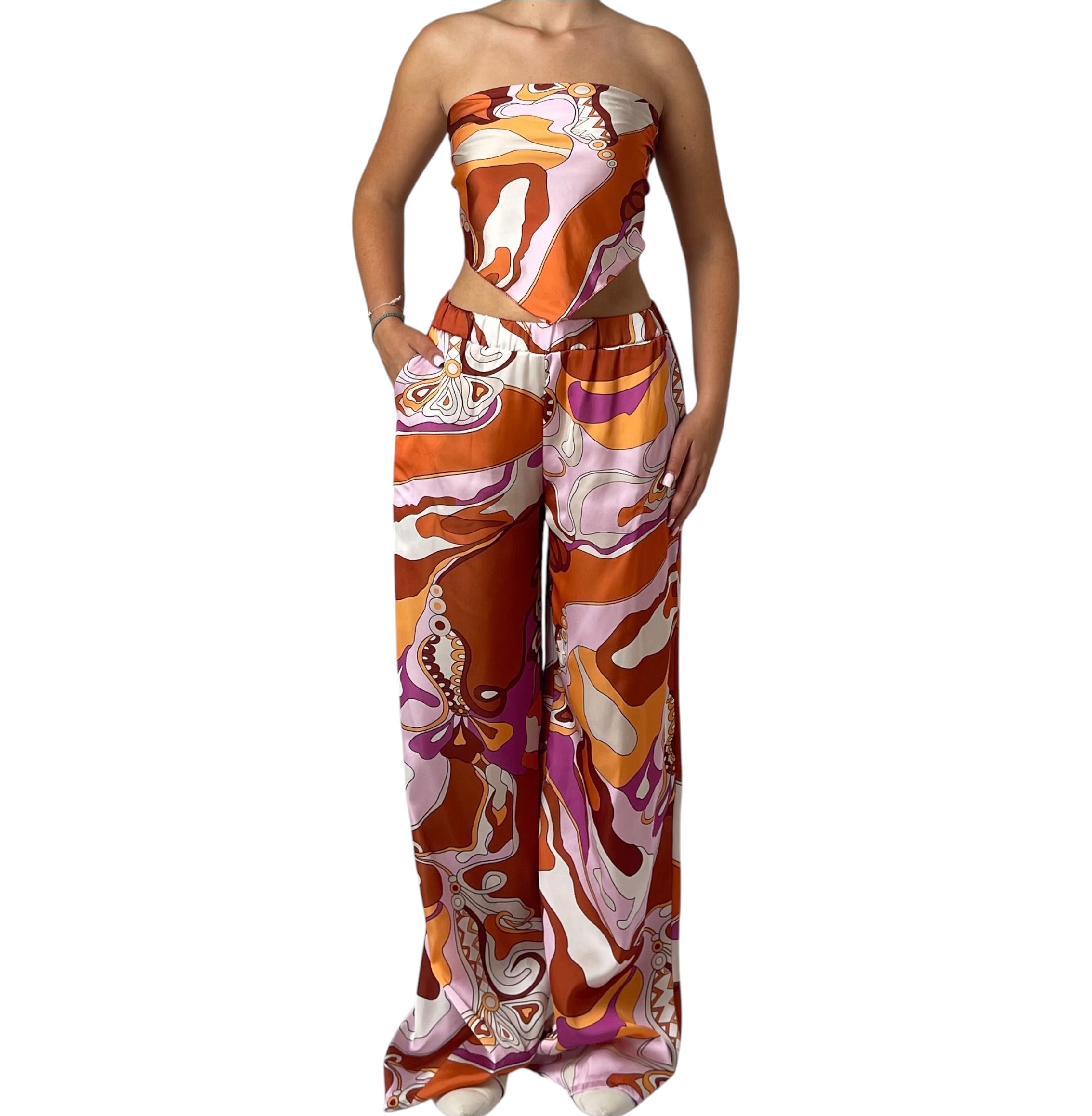 Completo con Top Fasciato e Pantalone Ampio Stampato Donna  -  12190BO
