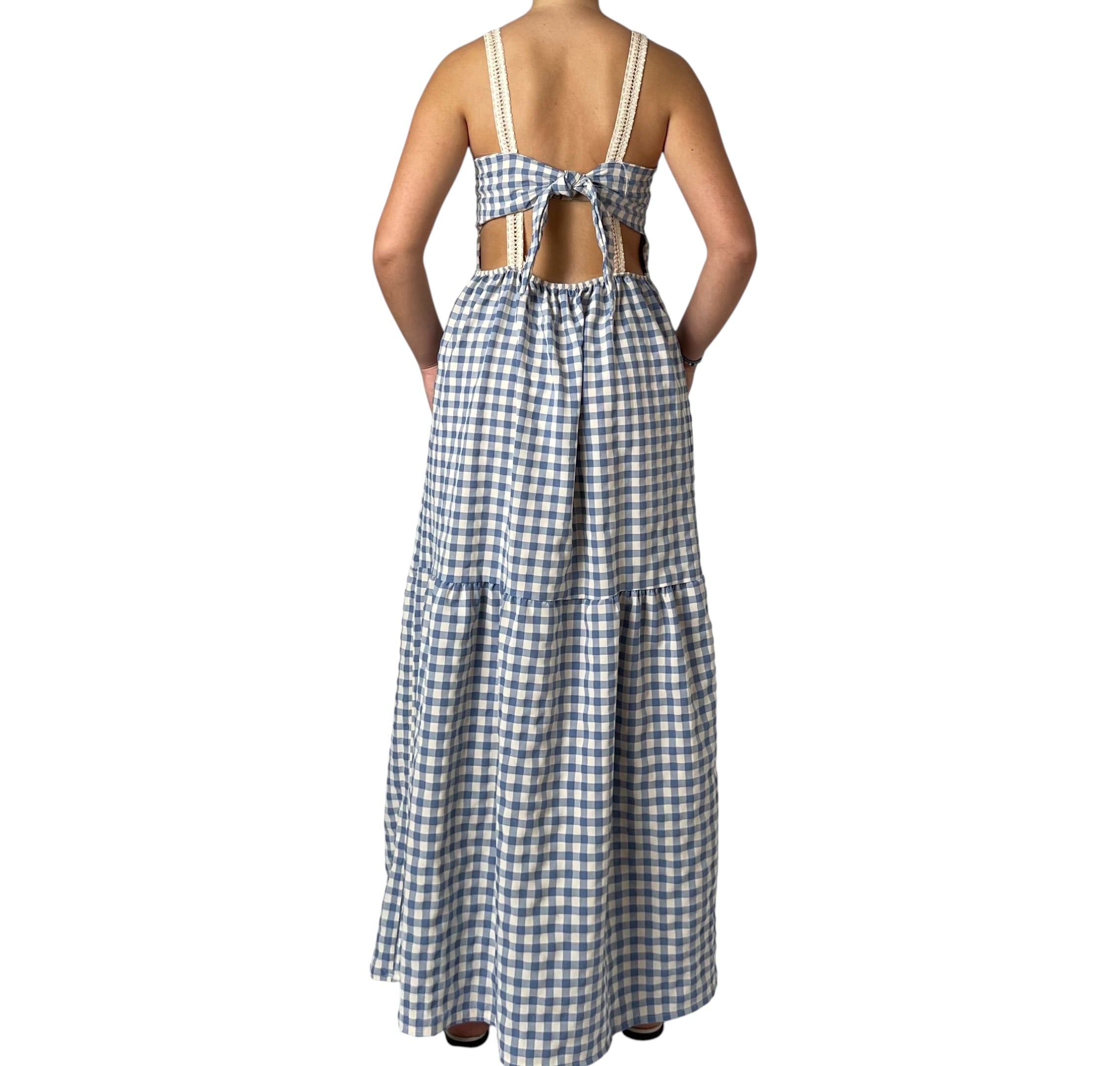 Abito Lungo Gingham con Balze e Scollo a V Donna  -  7203KA