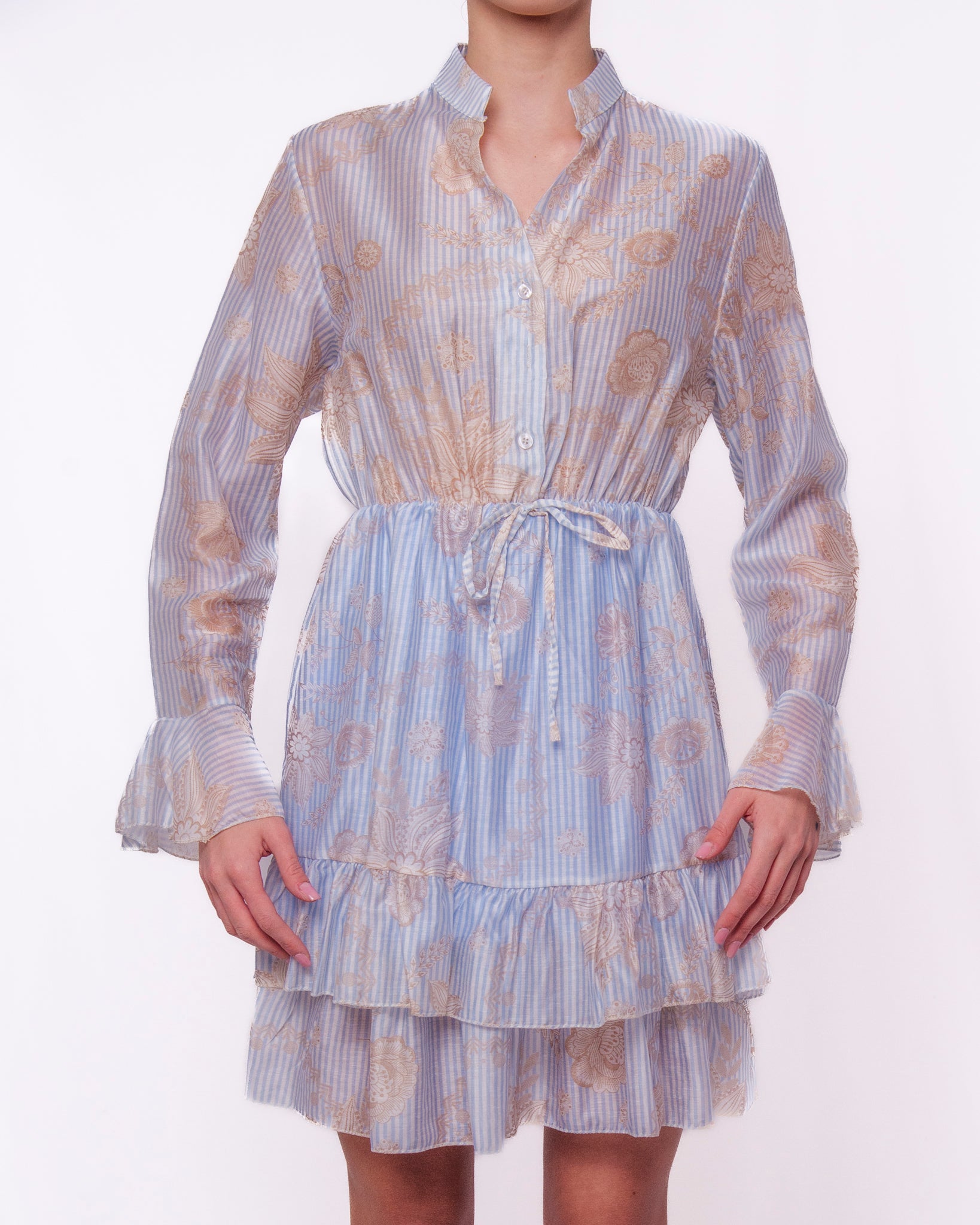 Abito Chemisier a Righe con Gonna a Balze e Maniche a Campana Donna  -  921207KA