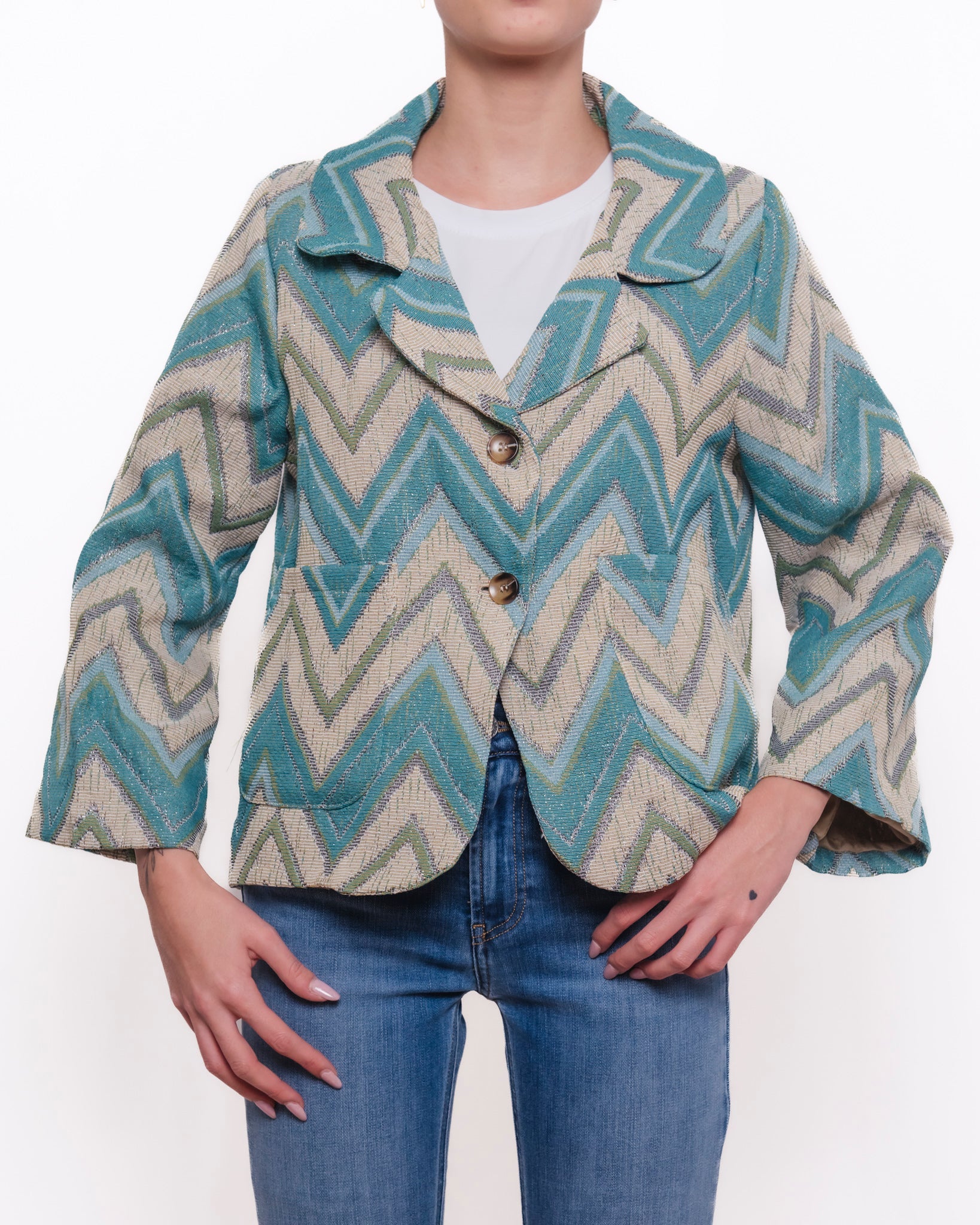 Giacca monopetto fantasia a zigzag con maniche a campana Donna  -  178918V