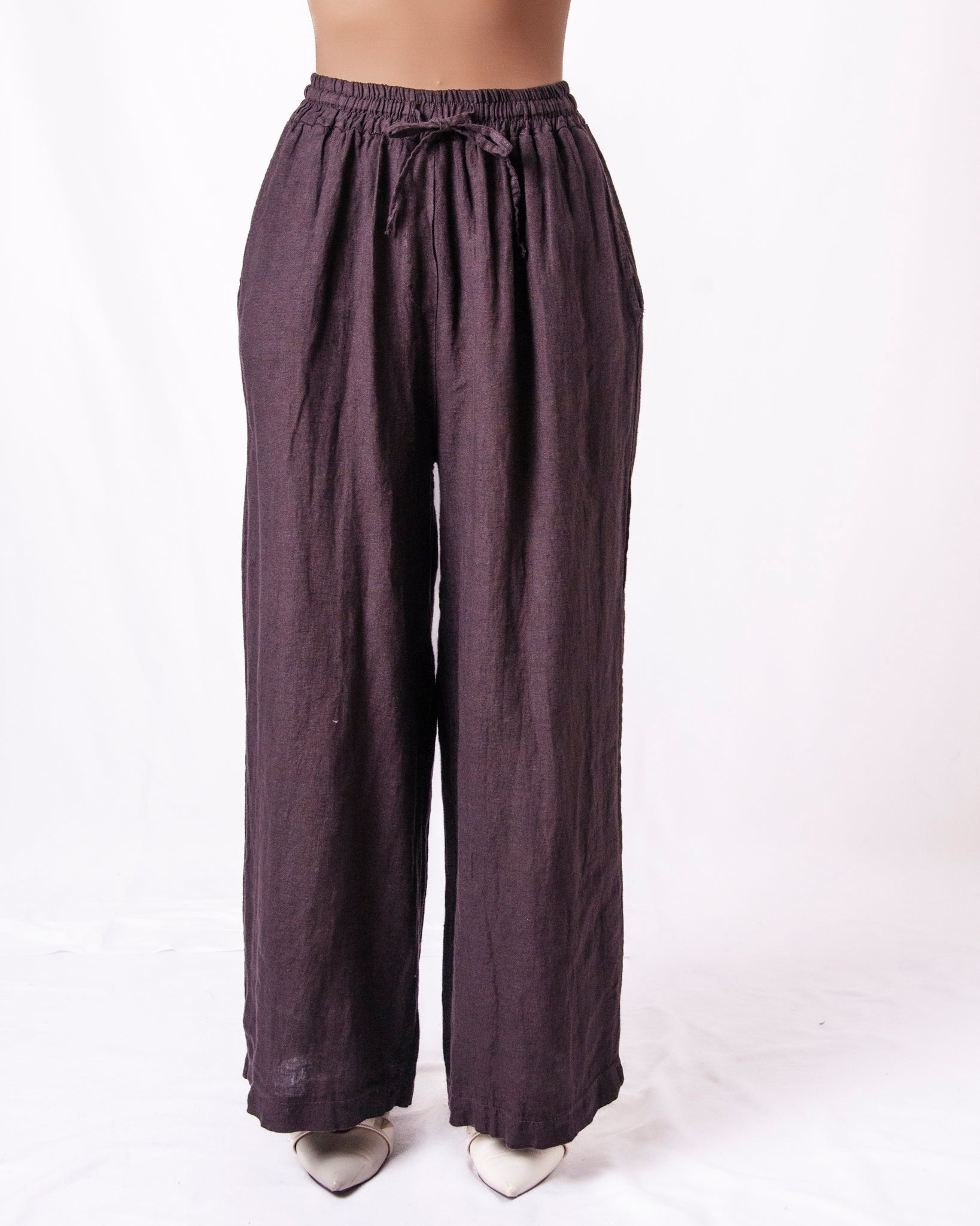 Pantaloni wide leg in lino elastico in vita Donna  -  069UP