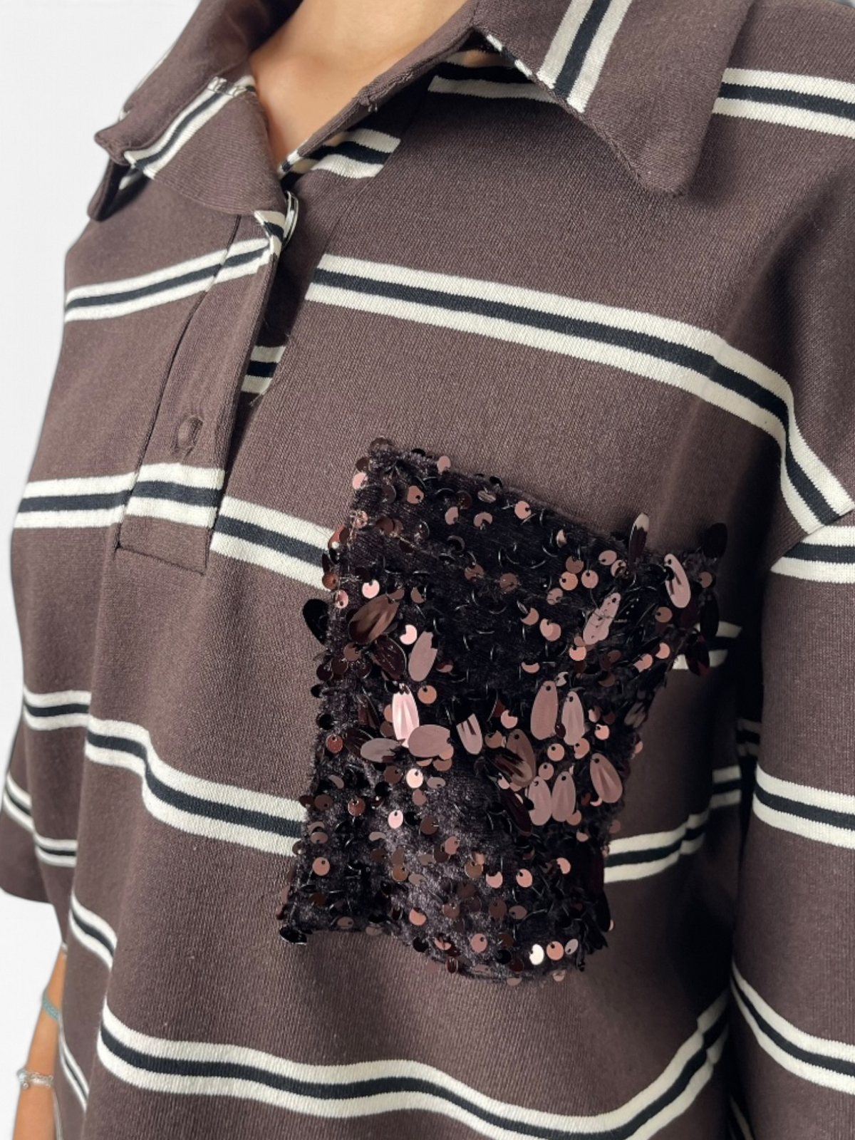 Polo oversize con taschino in paillettes Donna  -  I266107