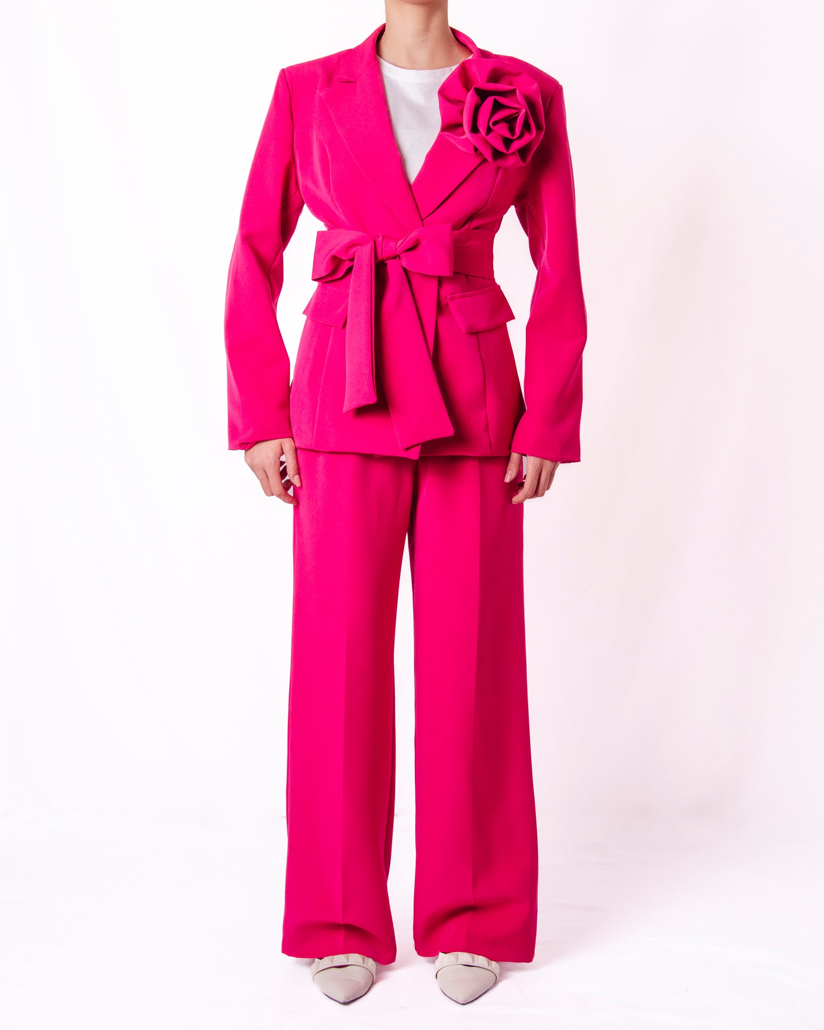 Completo blazer e pantalone wide leg con rosa applicata Donna  -  25119BO