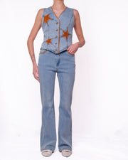 Coordinato denim gilet e jeans a zampa patch stelle scamosciate Donna  -  2615V