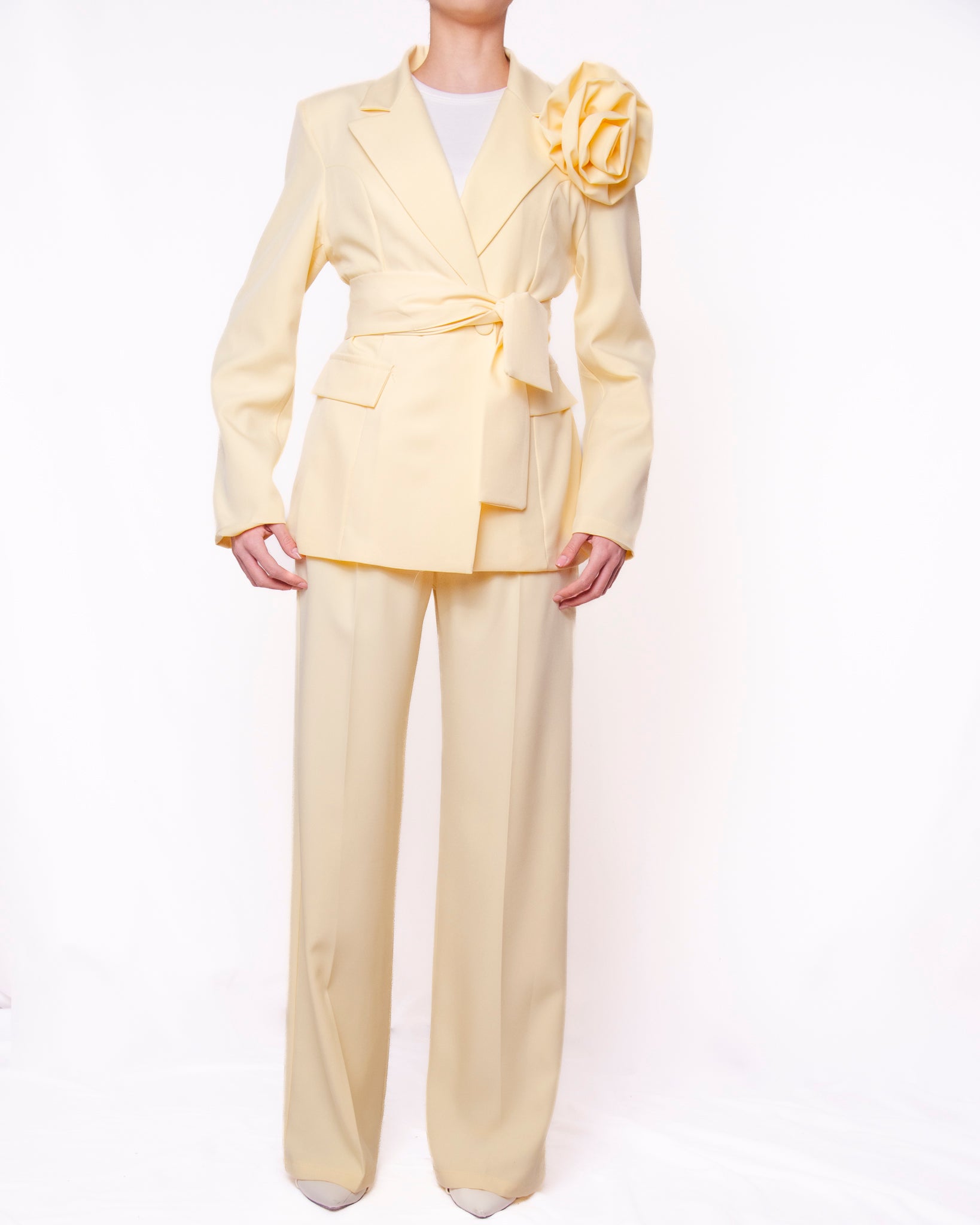 Completo blazer e pantalone wide leg con rosa applicata Donna  -  25119BO