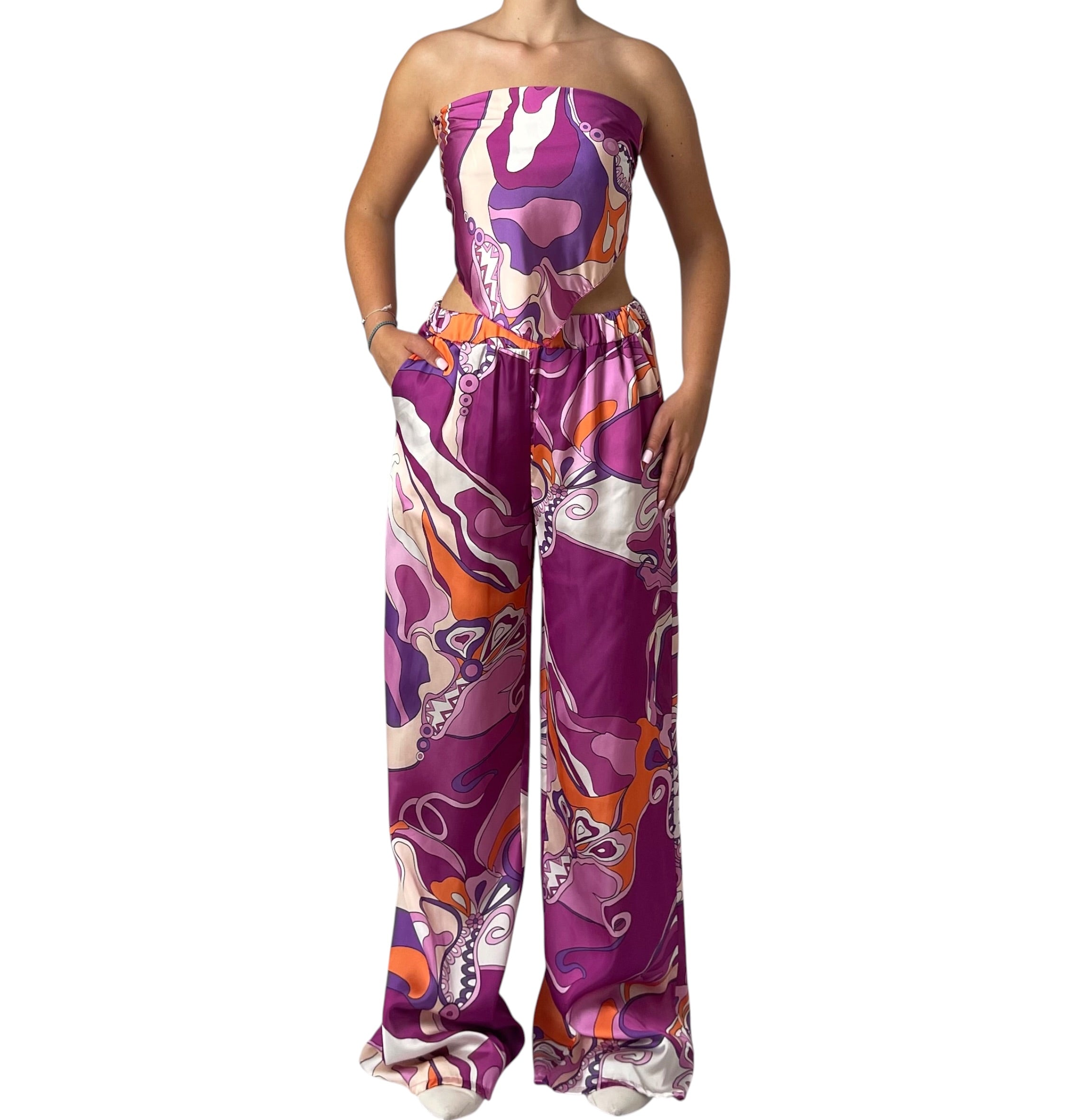 Completo con Top Fasciato e Pantalone Ampio Stampato Donna  -  12190BO