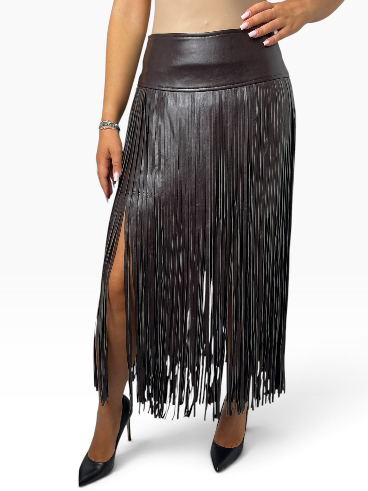 Gonna lunga in eco-pelle con frange Donna  -  260629LU